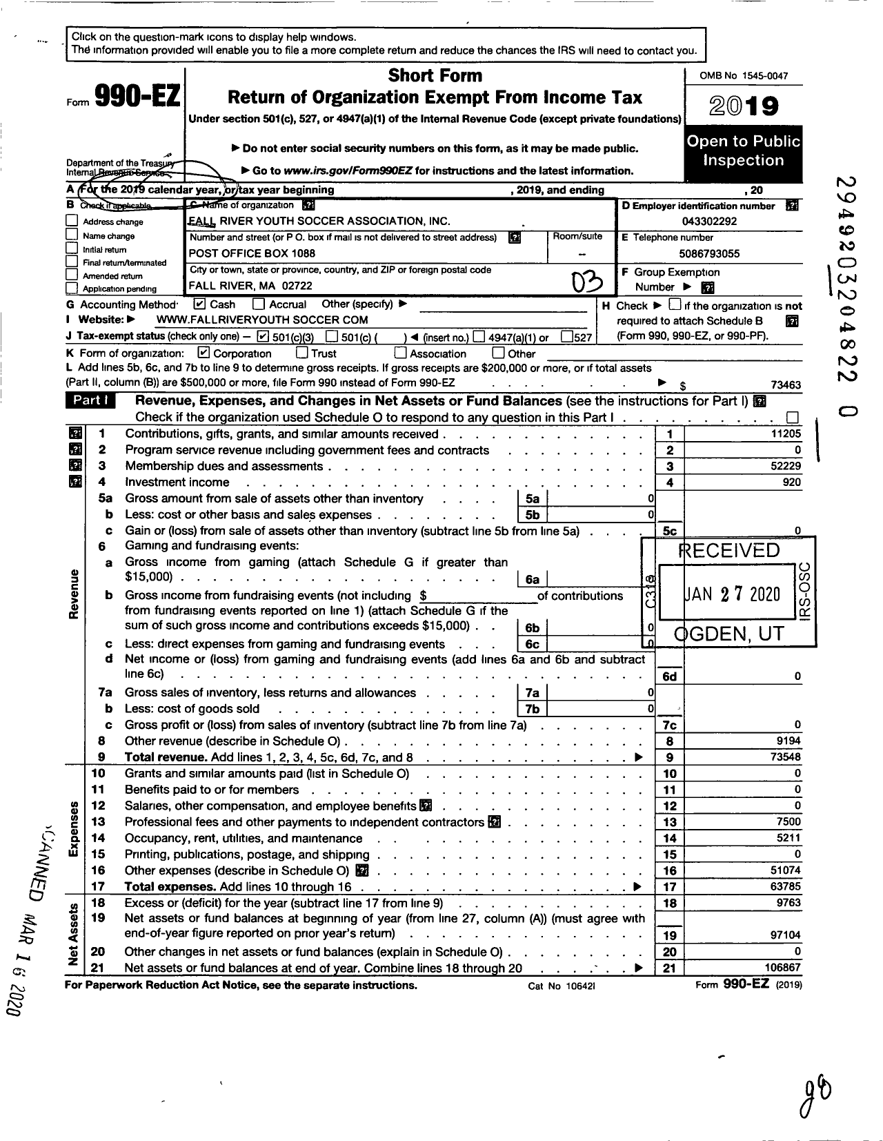 Image of first page of 2019 Form 990EZ for Fall River Youth Soccer Association