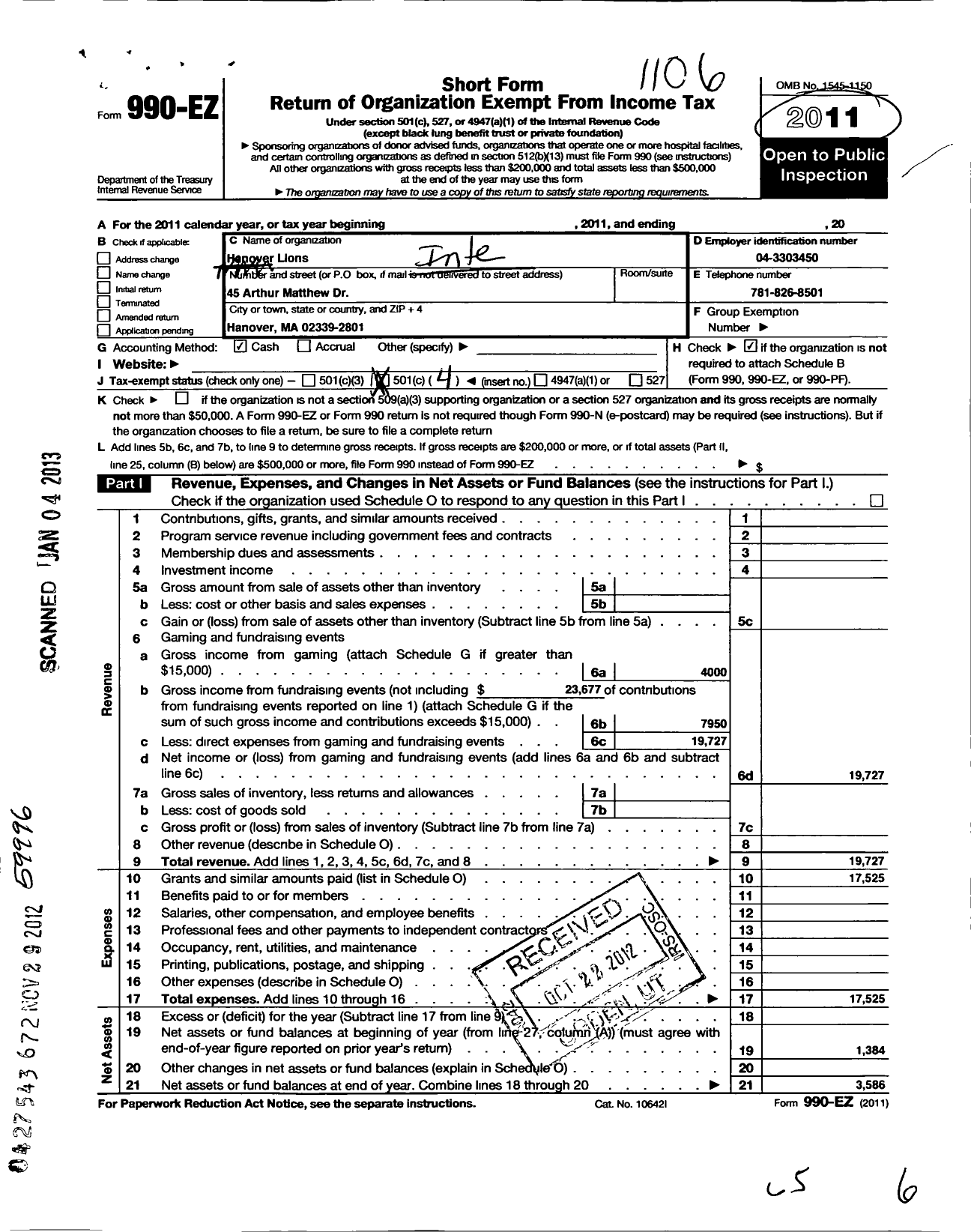 Image of first page of 2010 Form 990EO for Lions Clubs - 12148 Hanover