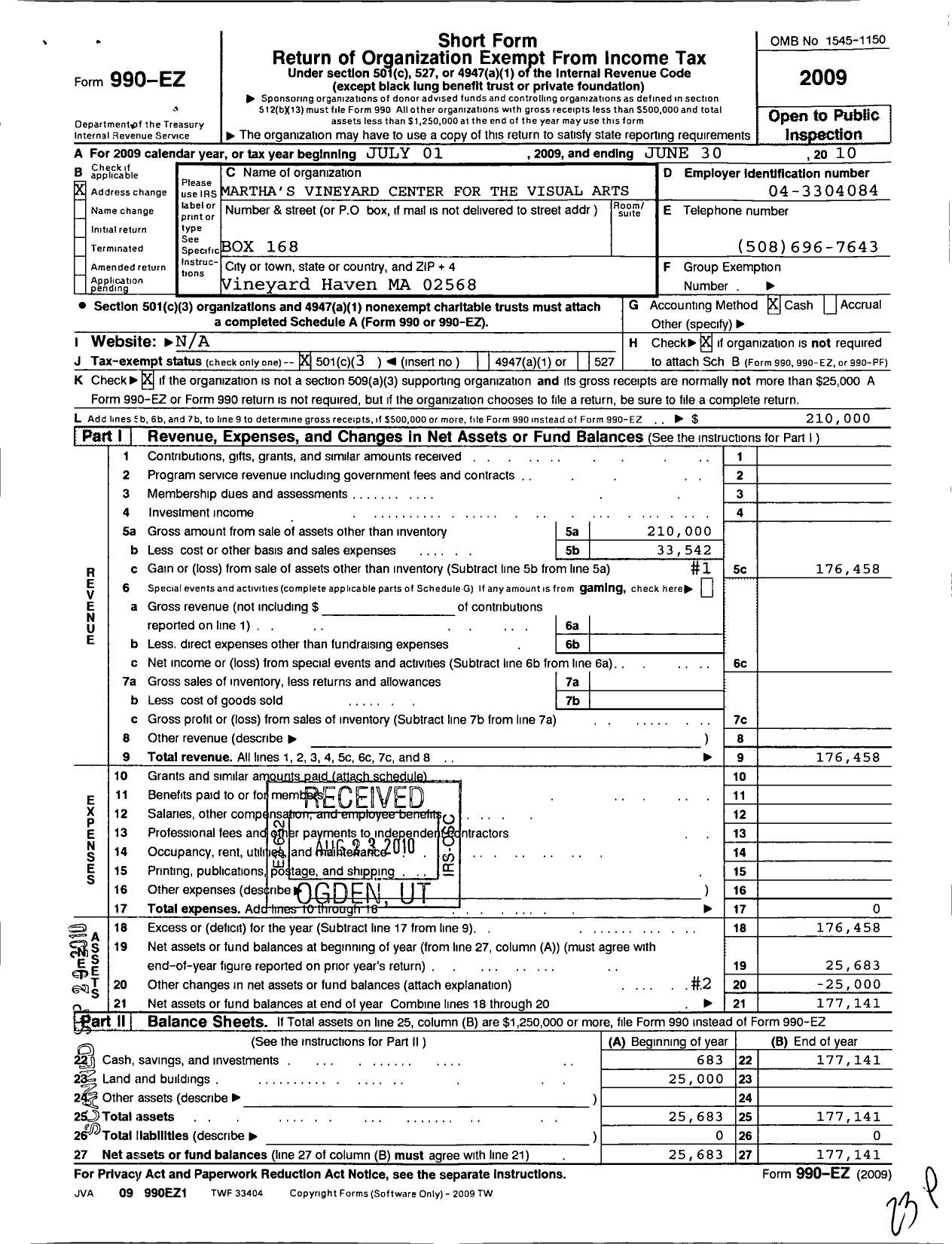 Image of first page of 2009 Form 990EZ for Marthas Vineyard Center for the Visual Arts