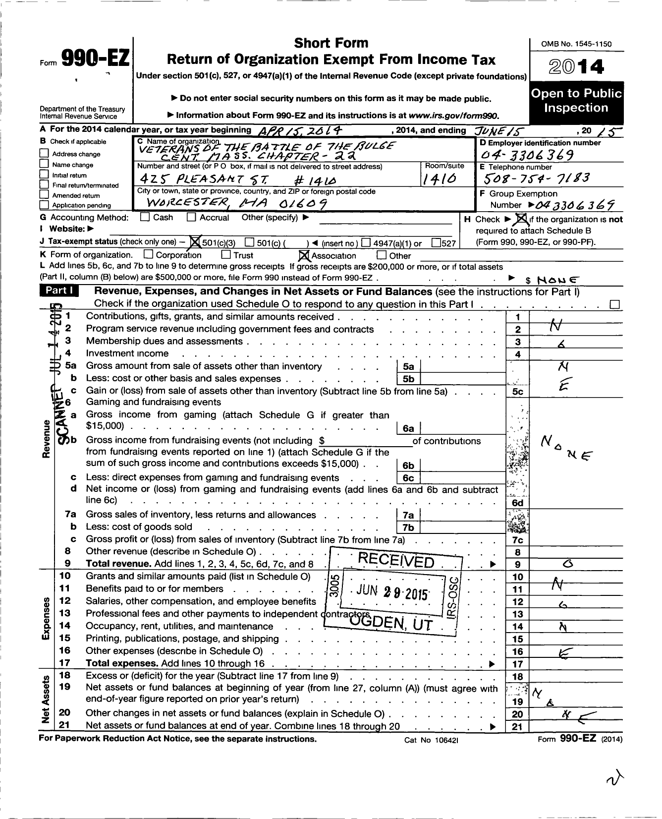 Image of first page of 2013 Form 990EZ for Veterans of the Battle of the Bulge Cent Mass Chapt 22