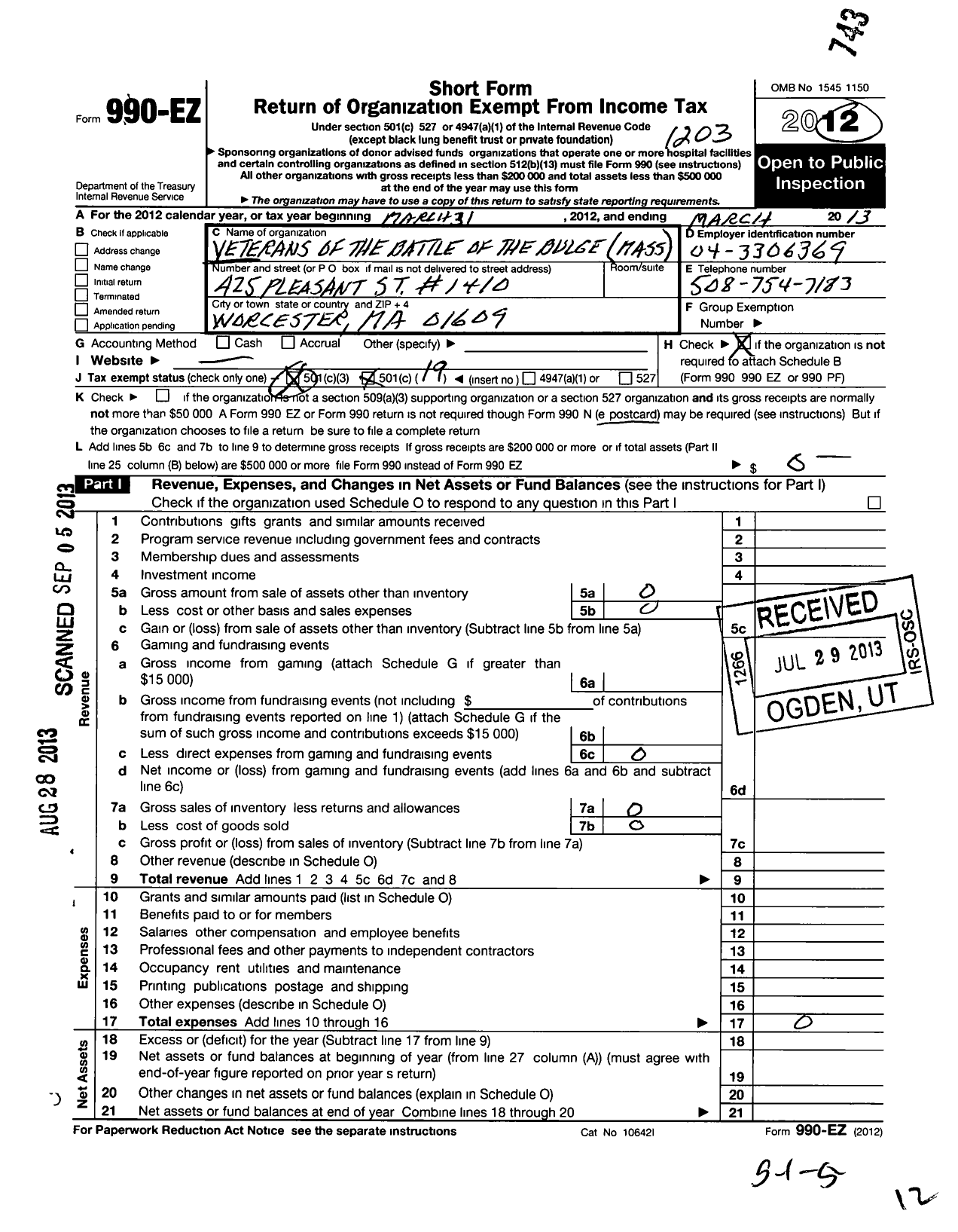 Image of first page of 2012 Form 990EO for Veterans of the Battle of the Bulge Cent Mass Chapt 22