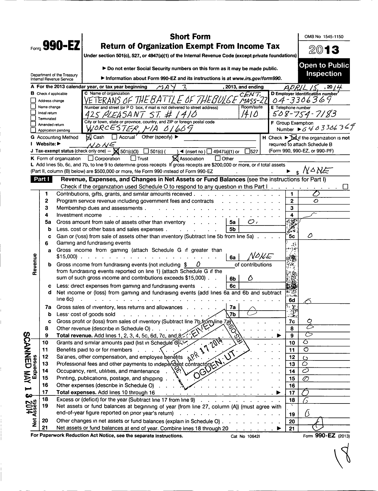 Image of first page of 2013 Form 990EZ for Veterans of the Battle of the Bulge Cent Mass Chapt 22