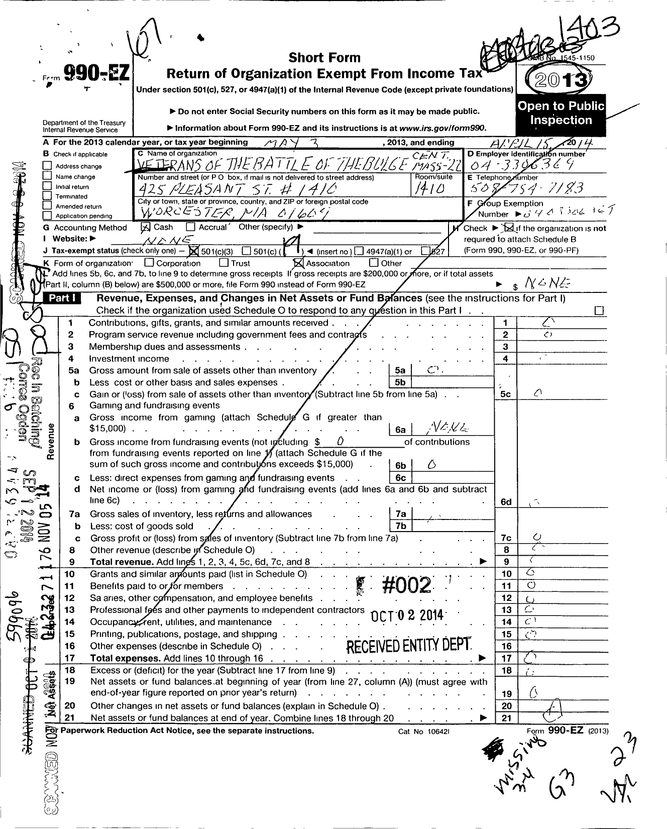 Image of first page of 2013 Form 990EO for Veterans of the Battle of the Bulge Cent Mass Chapt 22