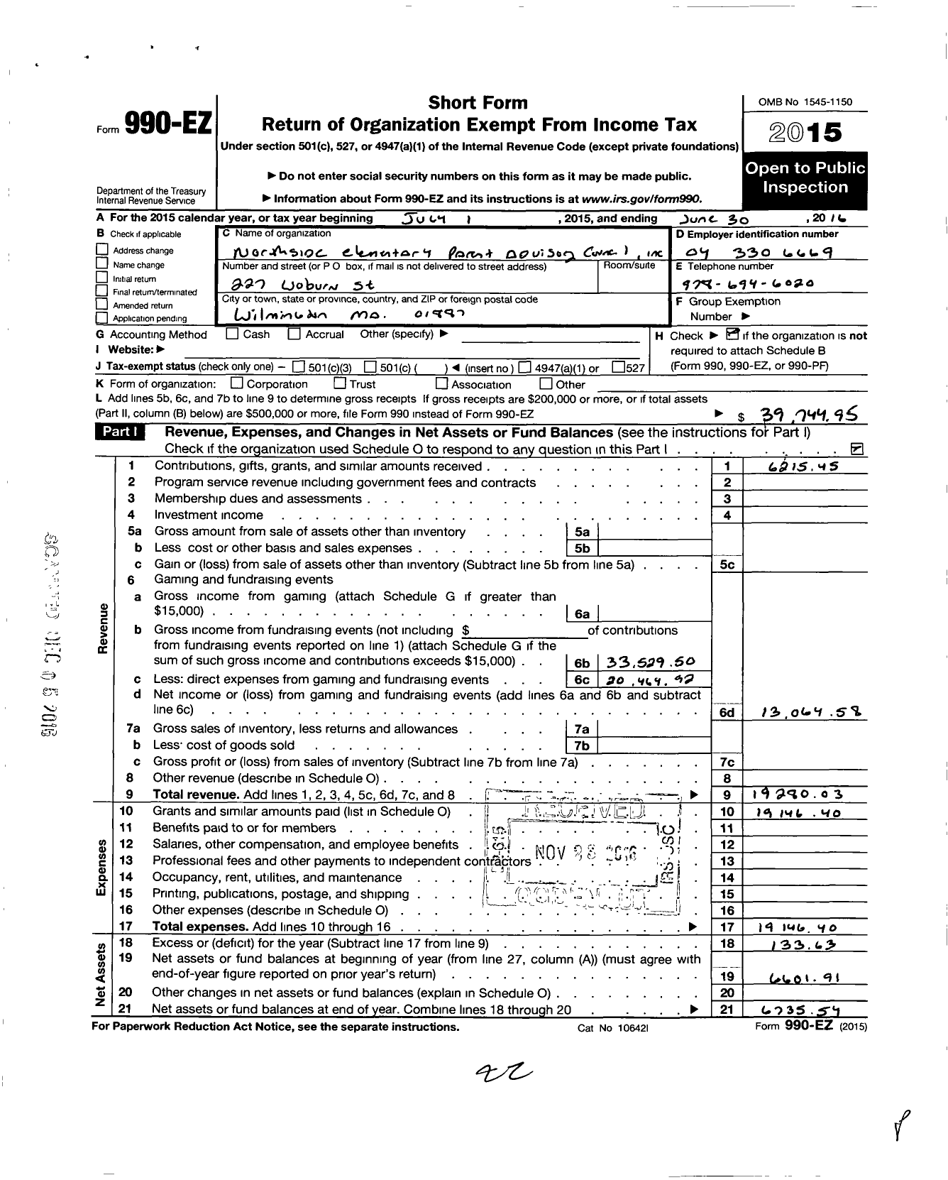 Image of first page of 2015 Form 990EO for Northside Elementary Parent Advisory Council