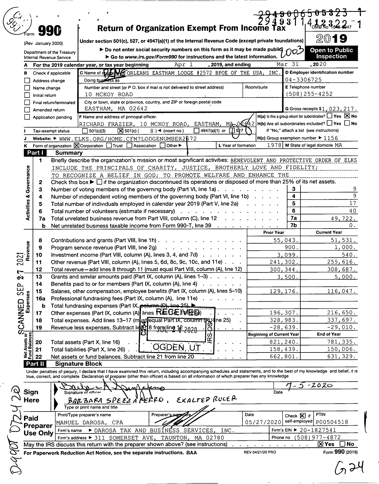 Image of first page of 2019 Form 990O for Benevolent and Protective Order of Elks - 2572 Orleans-Eastham