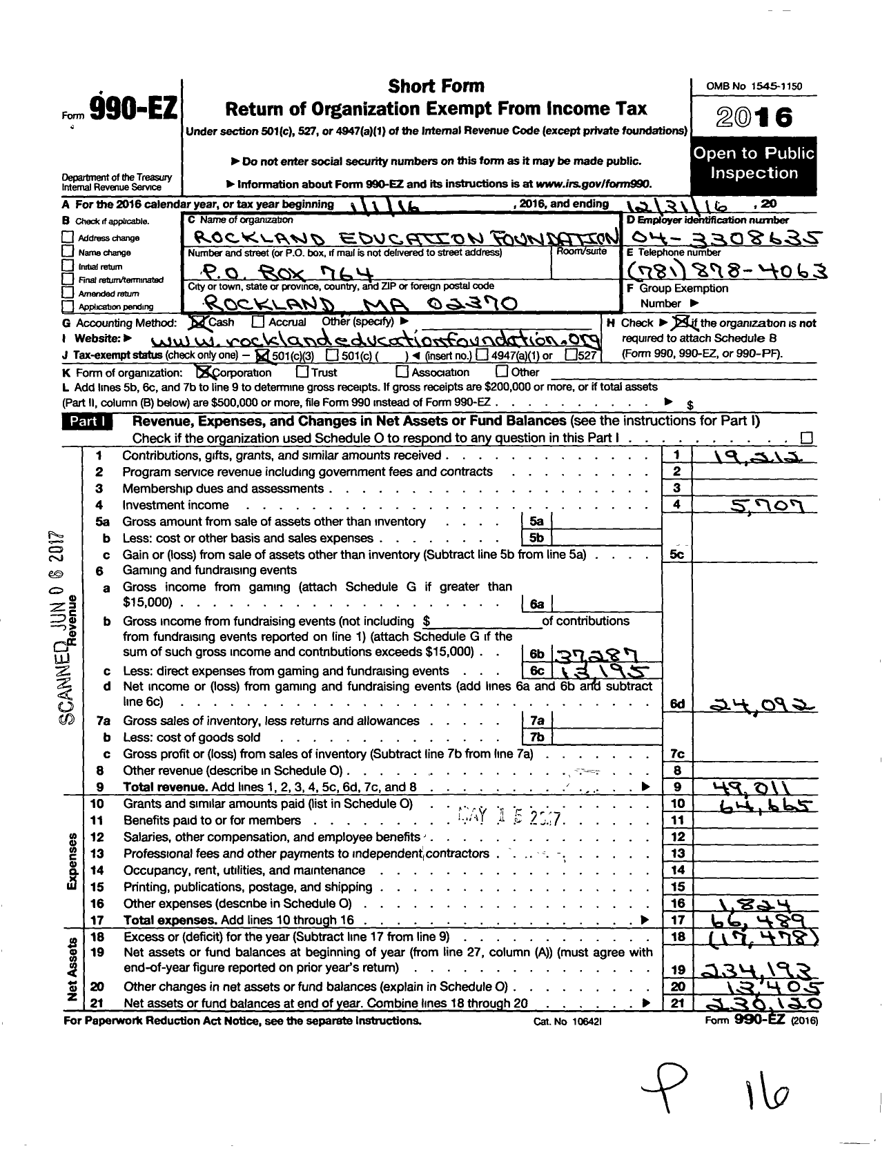 Image of first page of 2016 Form 990EZ for Rockland Education Foundation