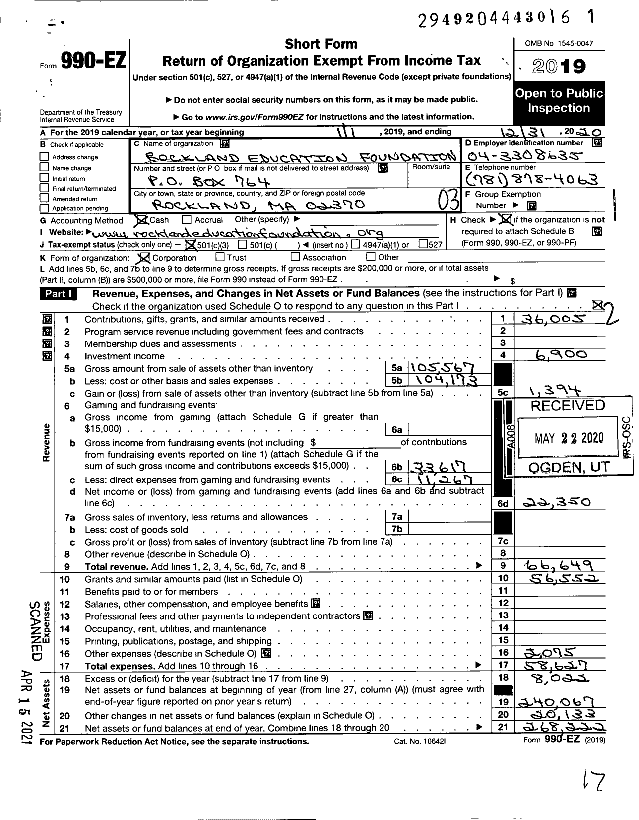 Image of first page of 2020 Form 990EZ for Rockland Education Foundation