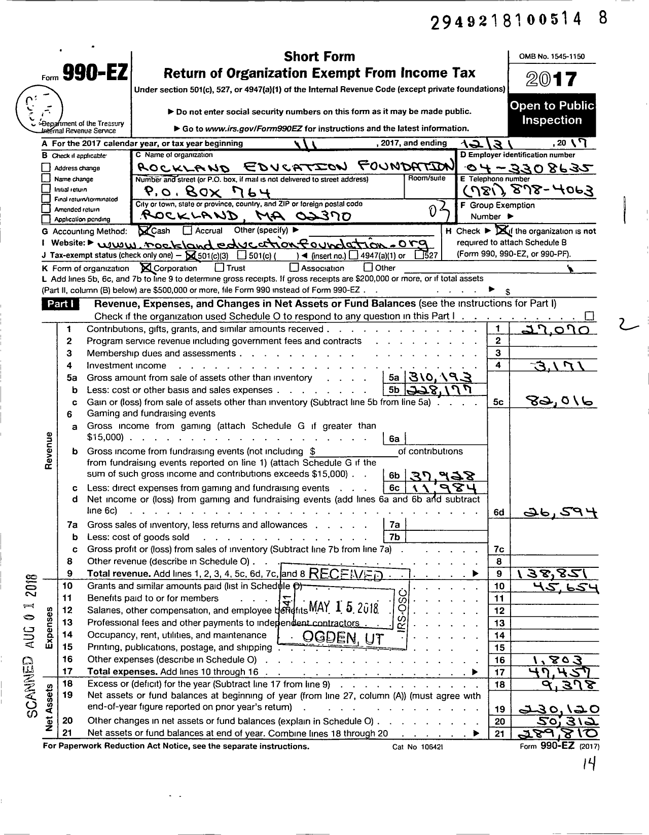 Image of first page of 2017 Form 990EZ for Rockland Education Foundation