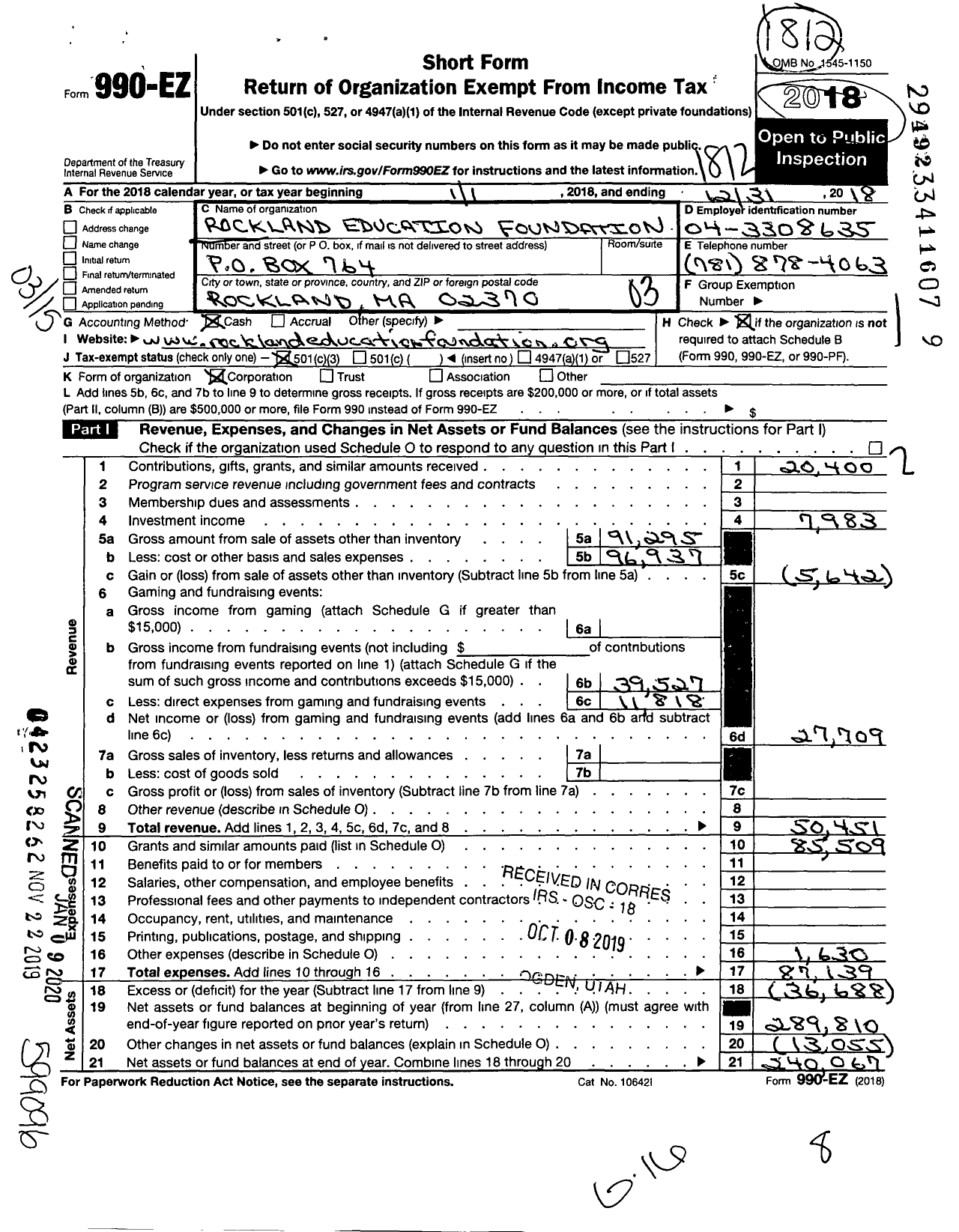 Image of first page of 2018 Form 990EZ for Rockland Education Foundation