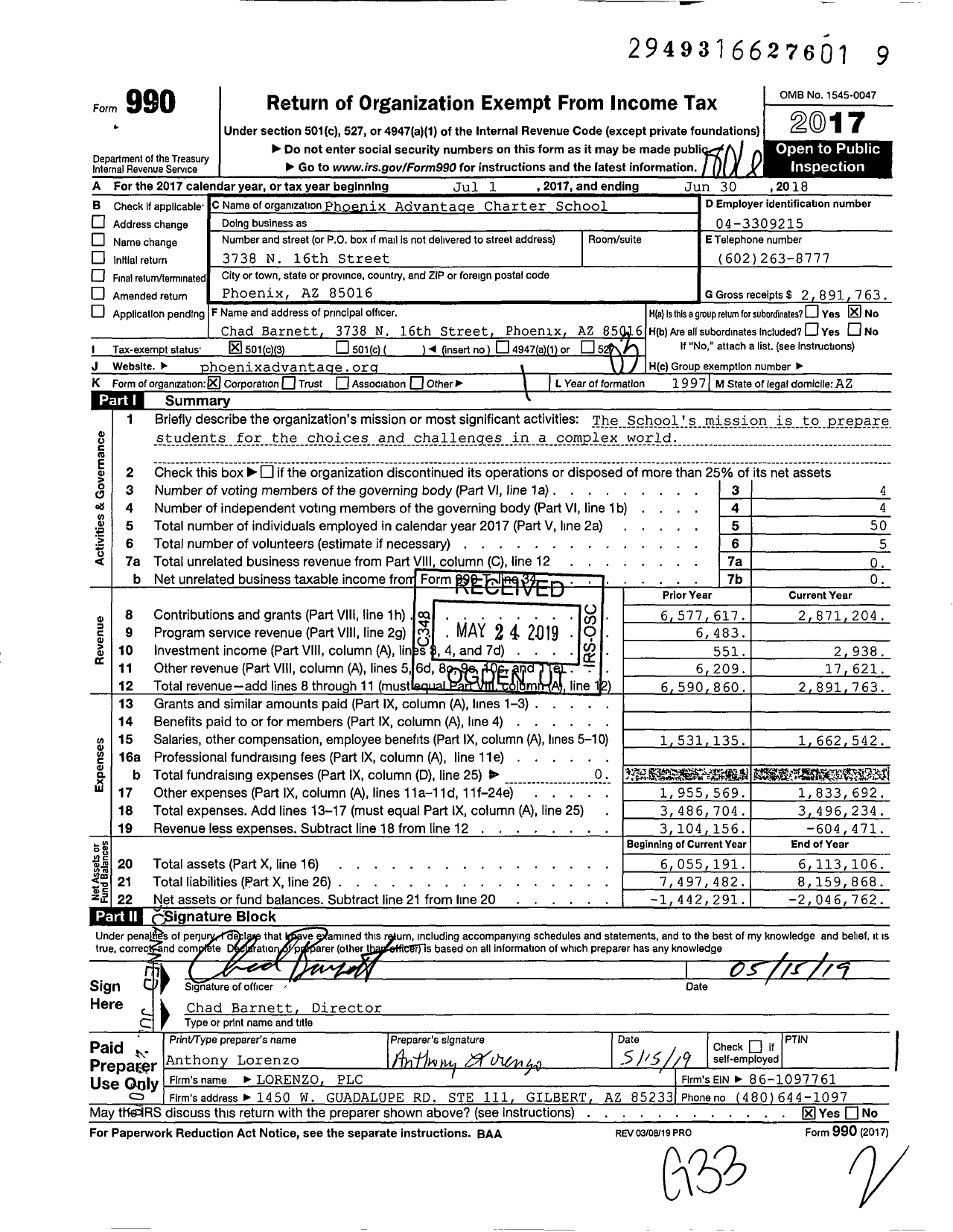 Image of first page of 2017 Form 990 for Phoenix Advantage Charter School (PACS)