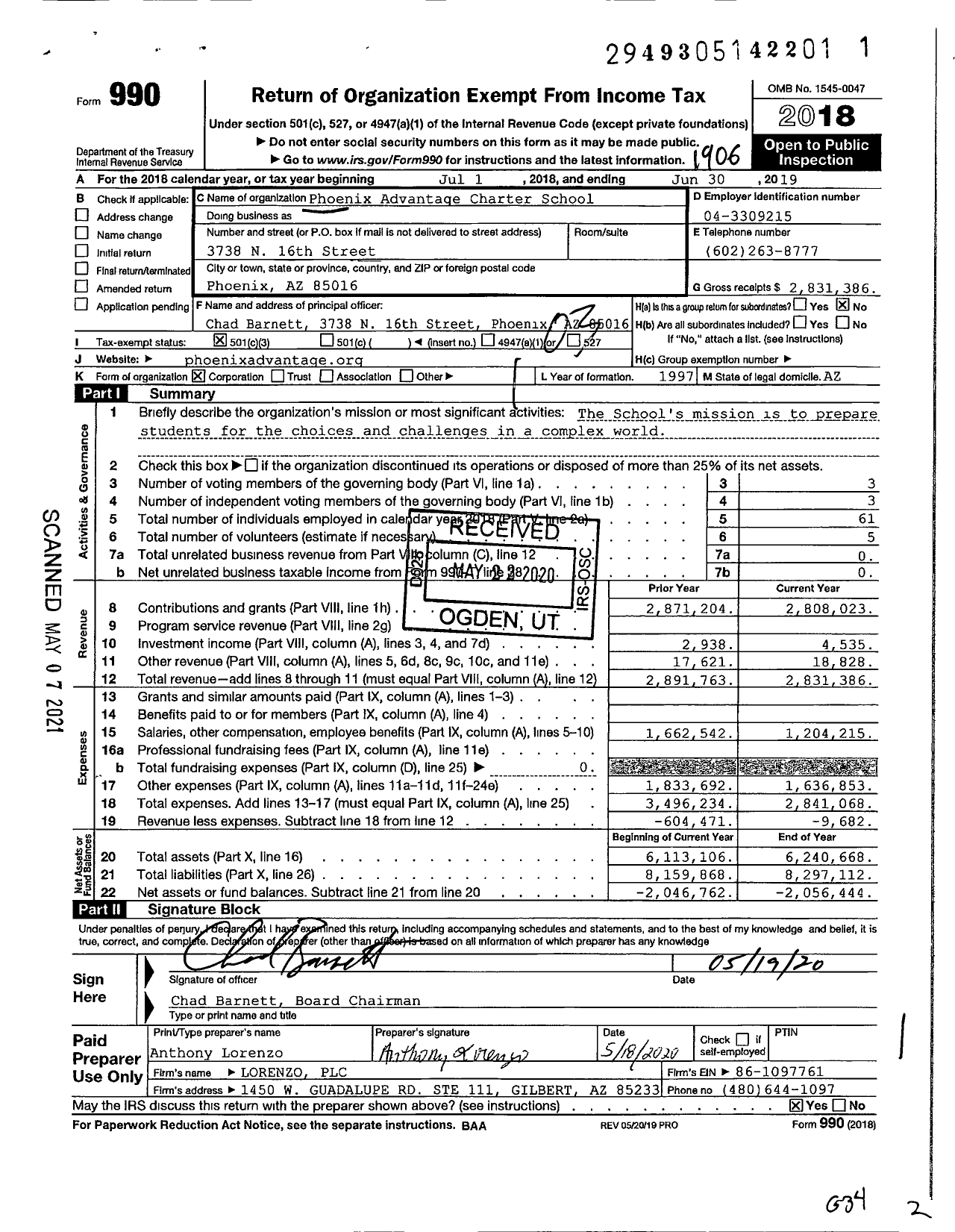 Image of first page of 2018 Form 990 for Phoenix Advantage Charter School (PACS)