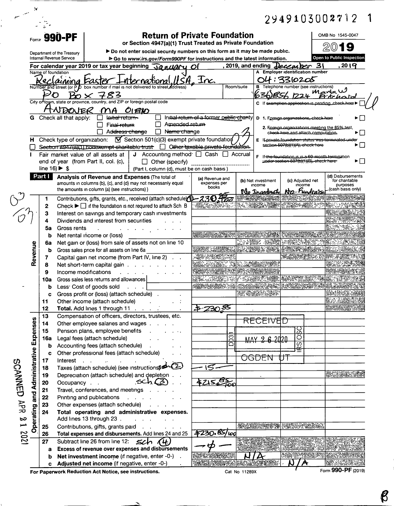 Image of first page of 2019 Form 990PF for Reclaiming Easter International USA Reclaiming Easter International USA