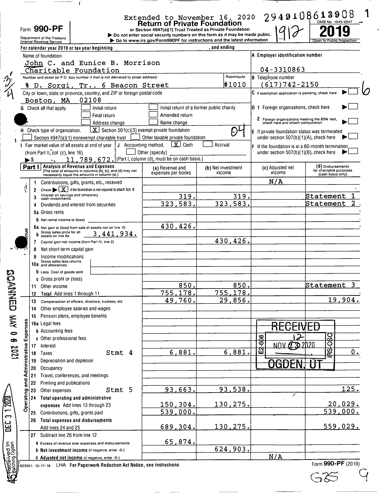 Image of first page of 2019 Form 990PF for John C and Eunice B Morrison Charitable Foundation