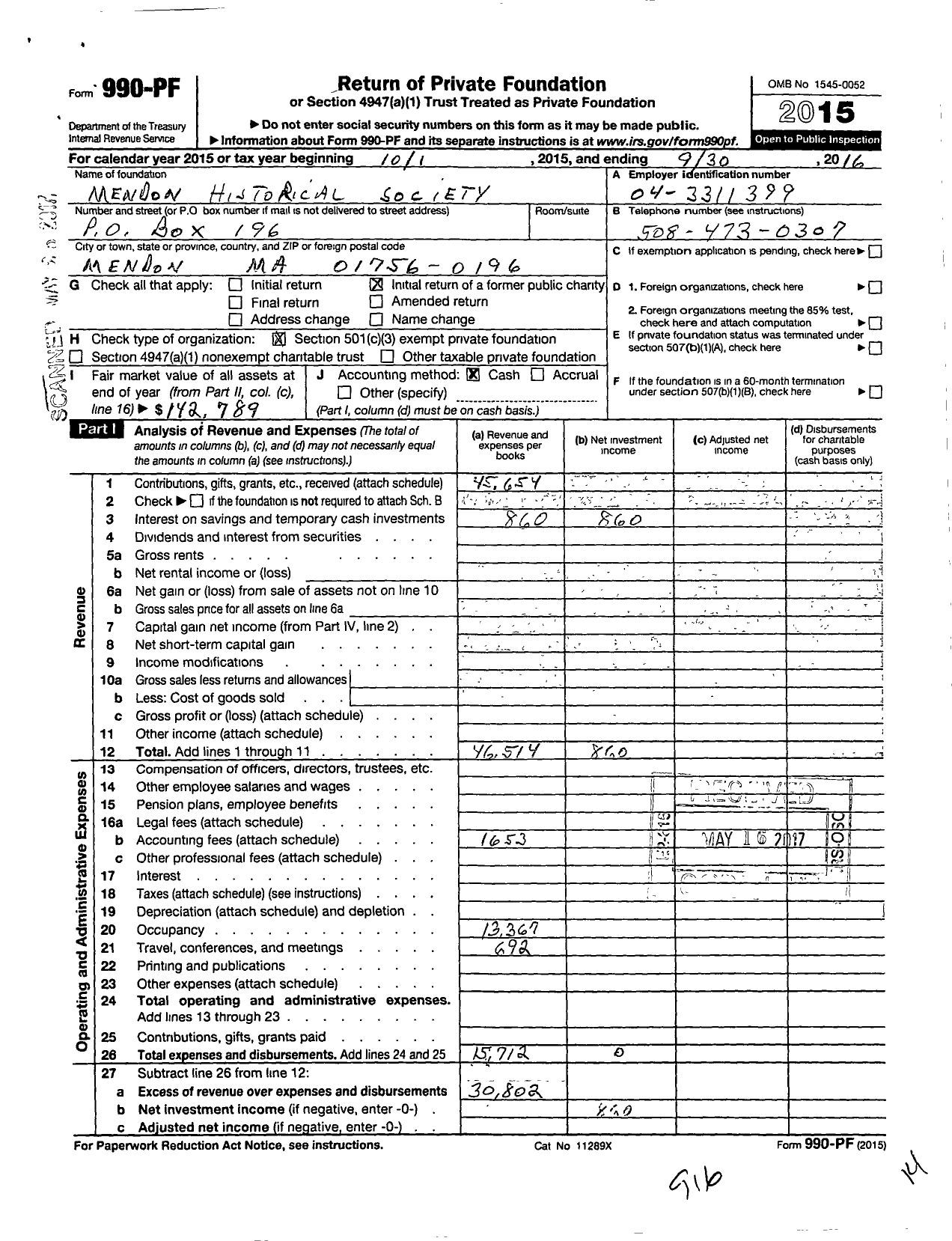 Image of first page of 2015 Form 990PF for Mendon Historical Society