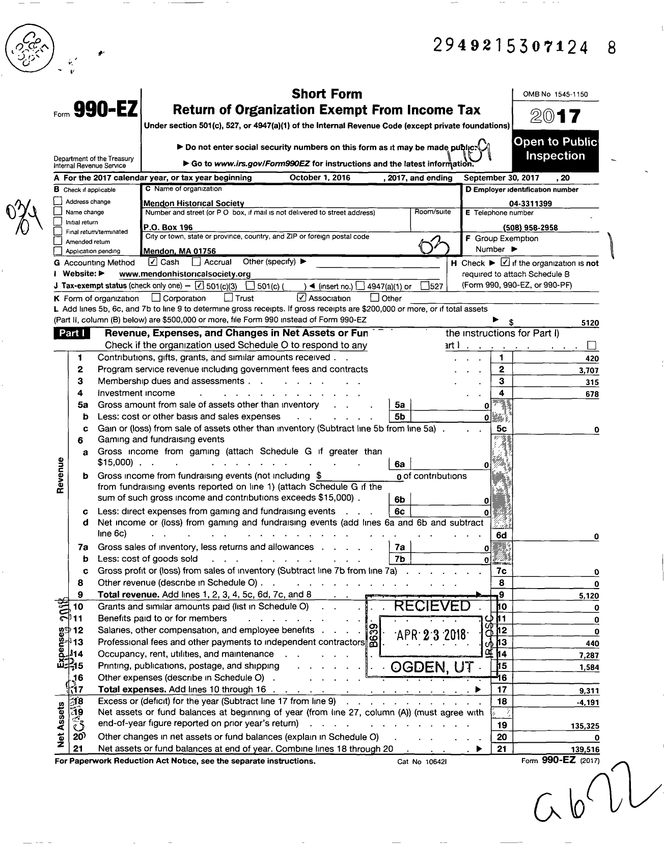 Image of first page of 2016 Form 990EZ for Mendon Historical Society