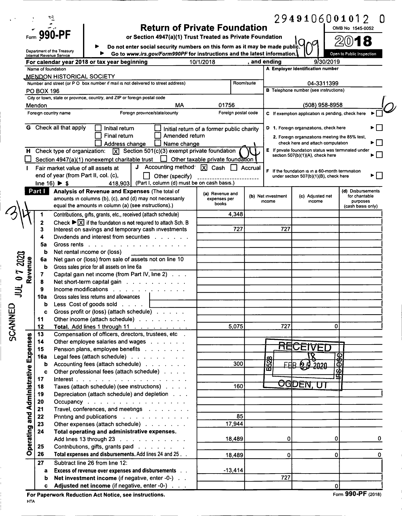 Image of first page of 2018 Form 990PR for Mendon Historical Society