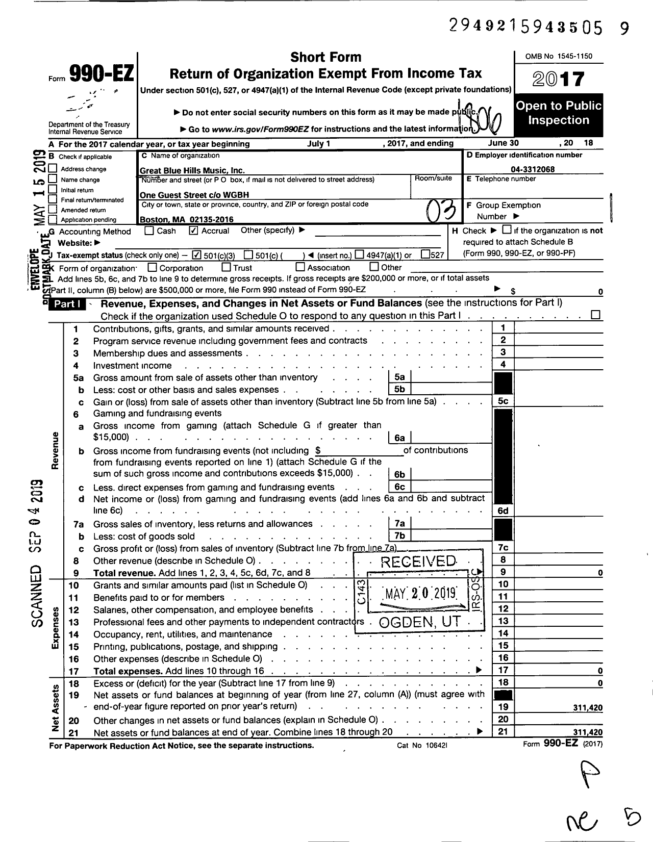 Image of first page of 2017 Form 990EZ for Great Blue Hills Music