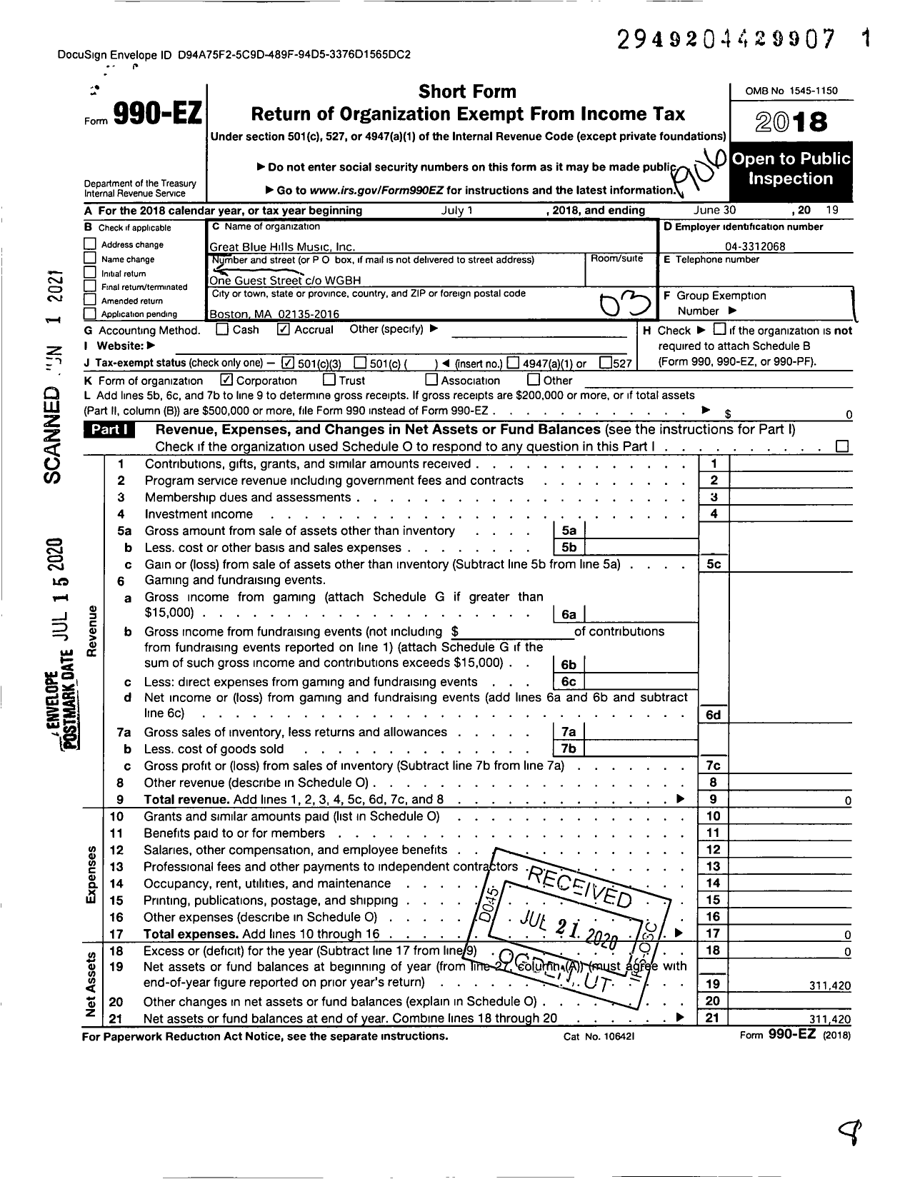 Image of first page of 2018 Form 990EZ for Great Blue Hills Music