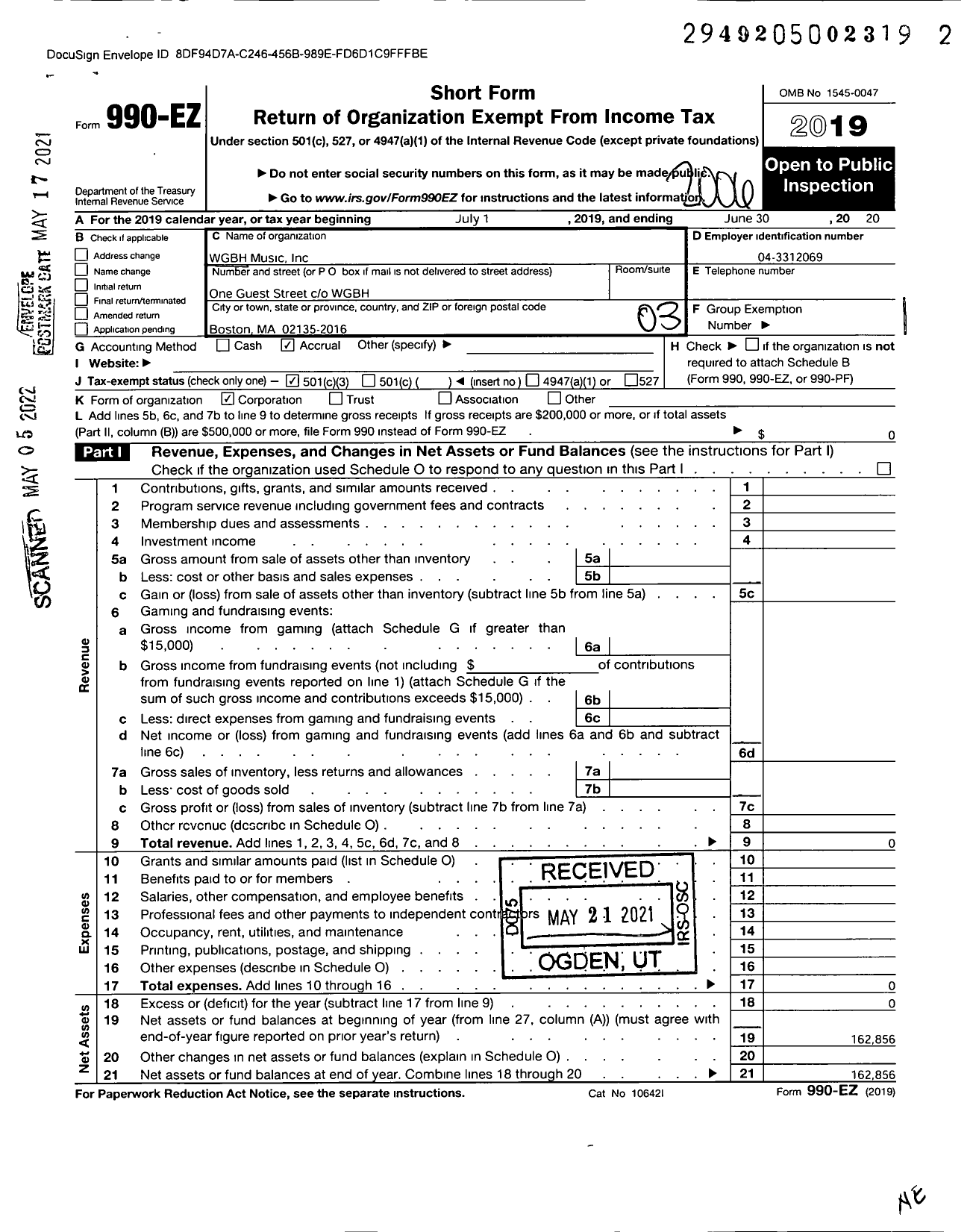 Image of first page of 2019 Form 990EZ for WGBH Music