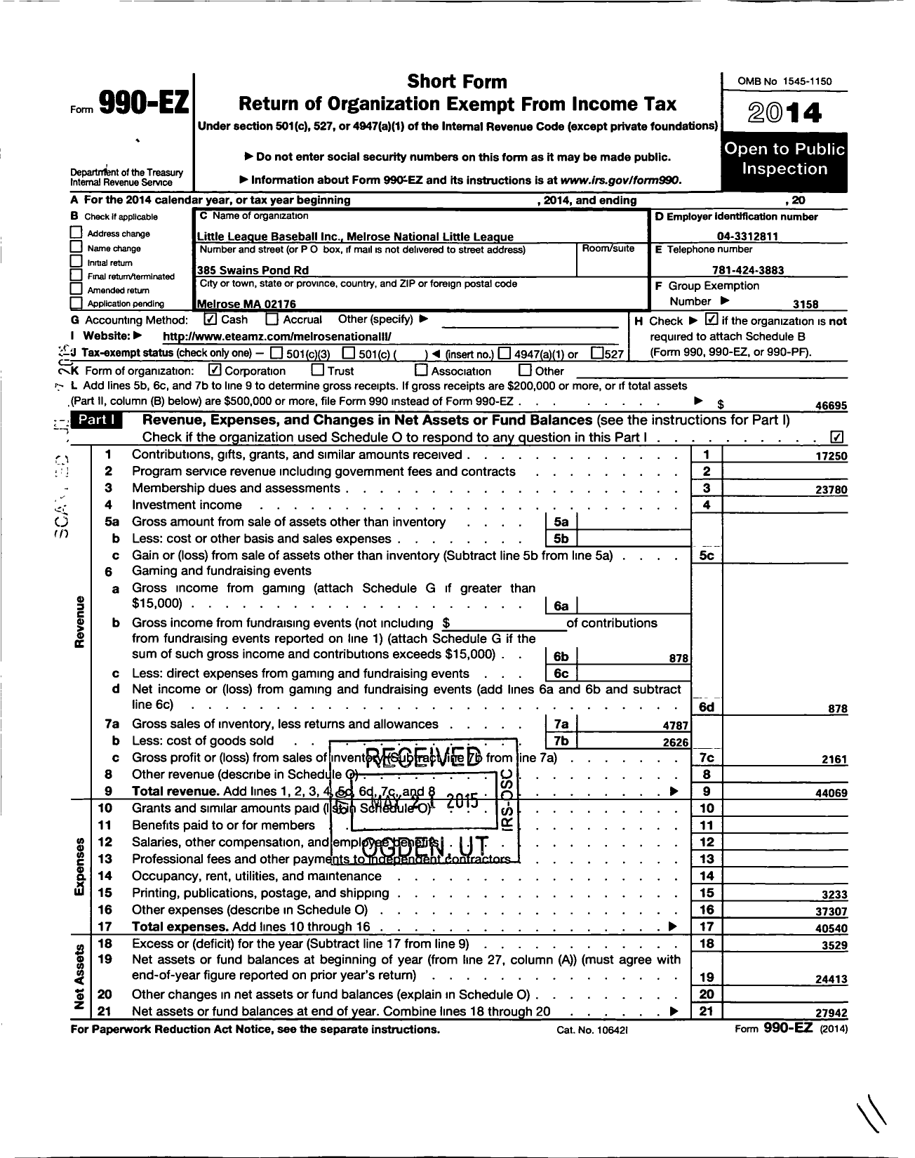 Image of first page of 2014 Form 990EO for Little League Baseball - 2211213 Melrose National LL