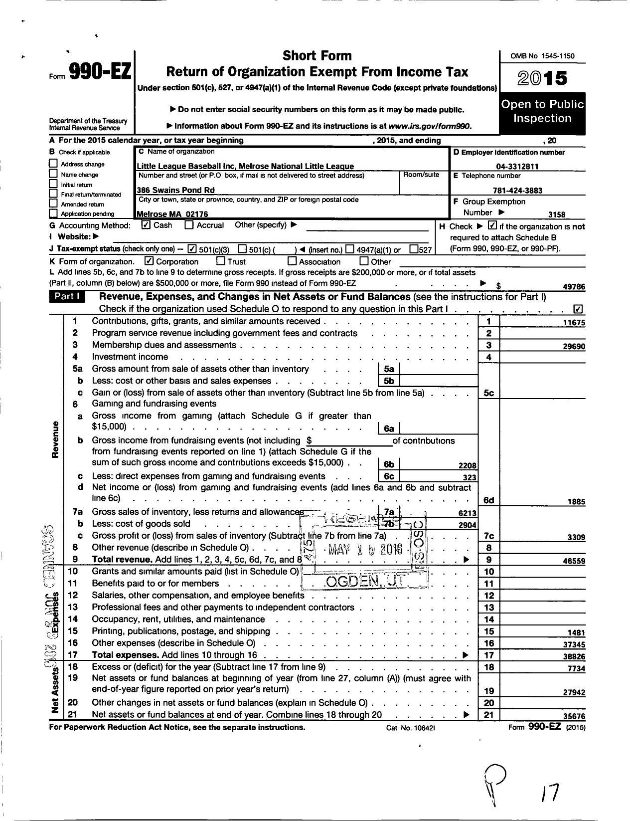 Image of first page of 2015 Form 990EZ for Little League Baseball - 2211213 Melrose National LL