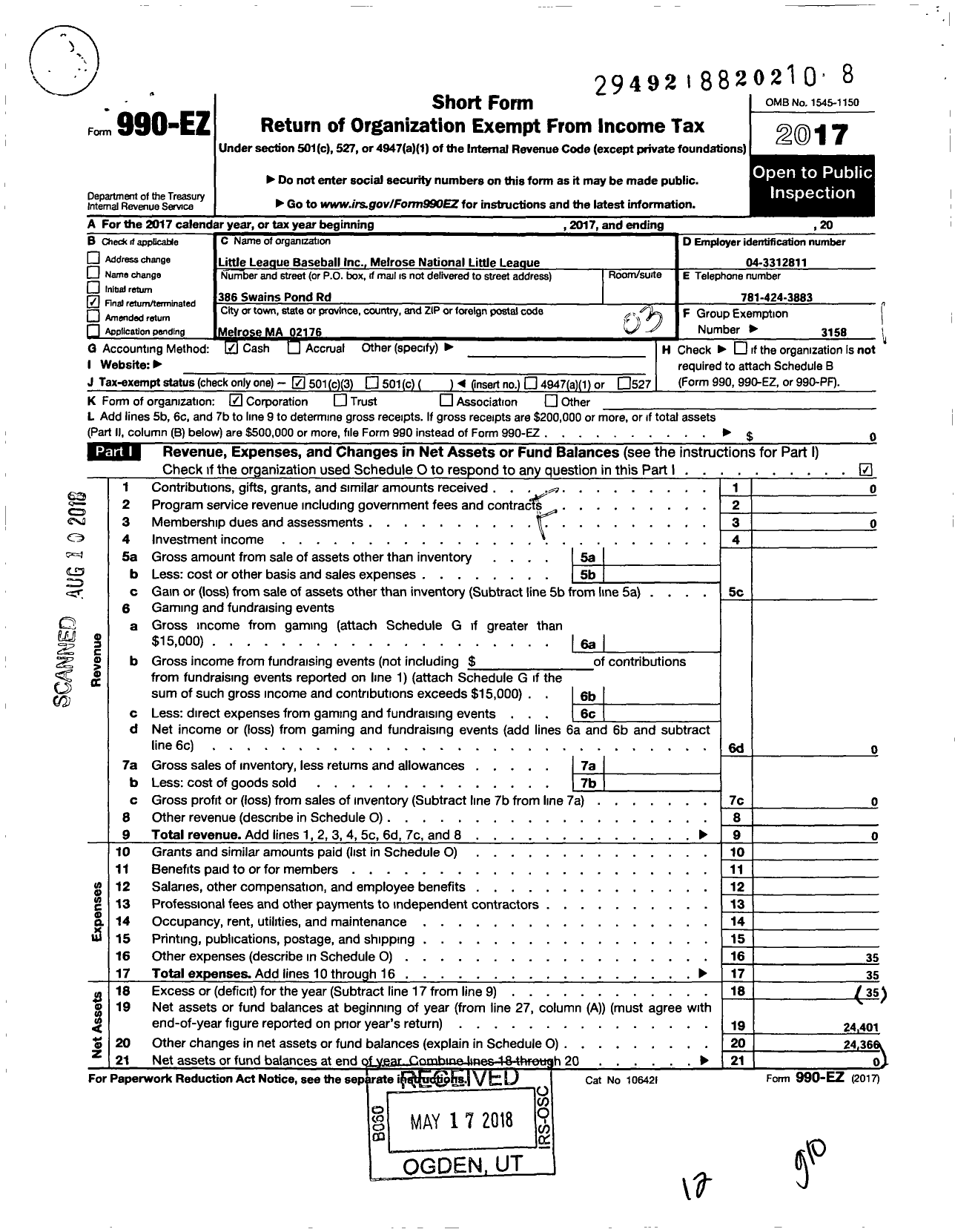 Image of first page of 2017 Form 990EZ for Little League Baseball - 2211213 Melrose National LL