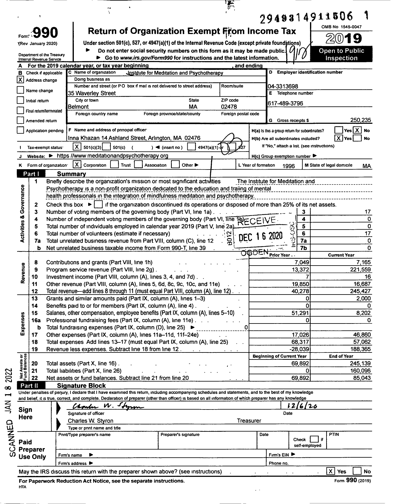 Image of first page of 2019 Form 990 for The Instittute for Meditation and Psychotherapy