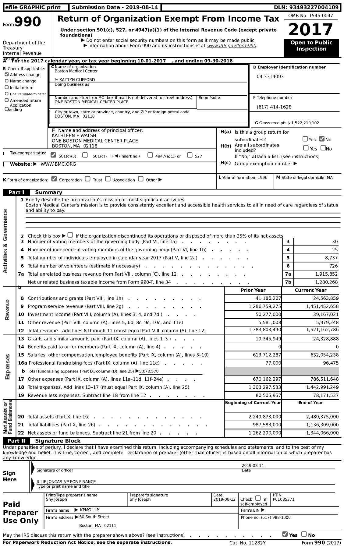 Image of first page of 2017 Form 990 for Boston Medical Center Corporation (BMC)