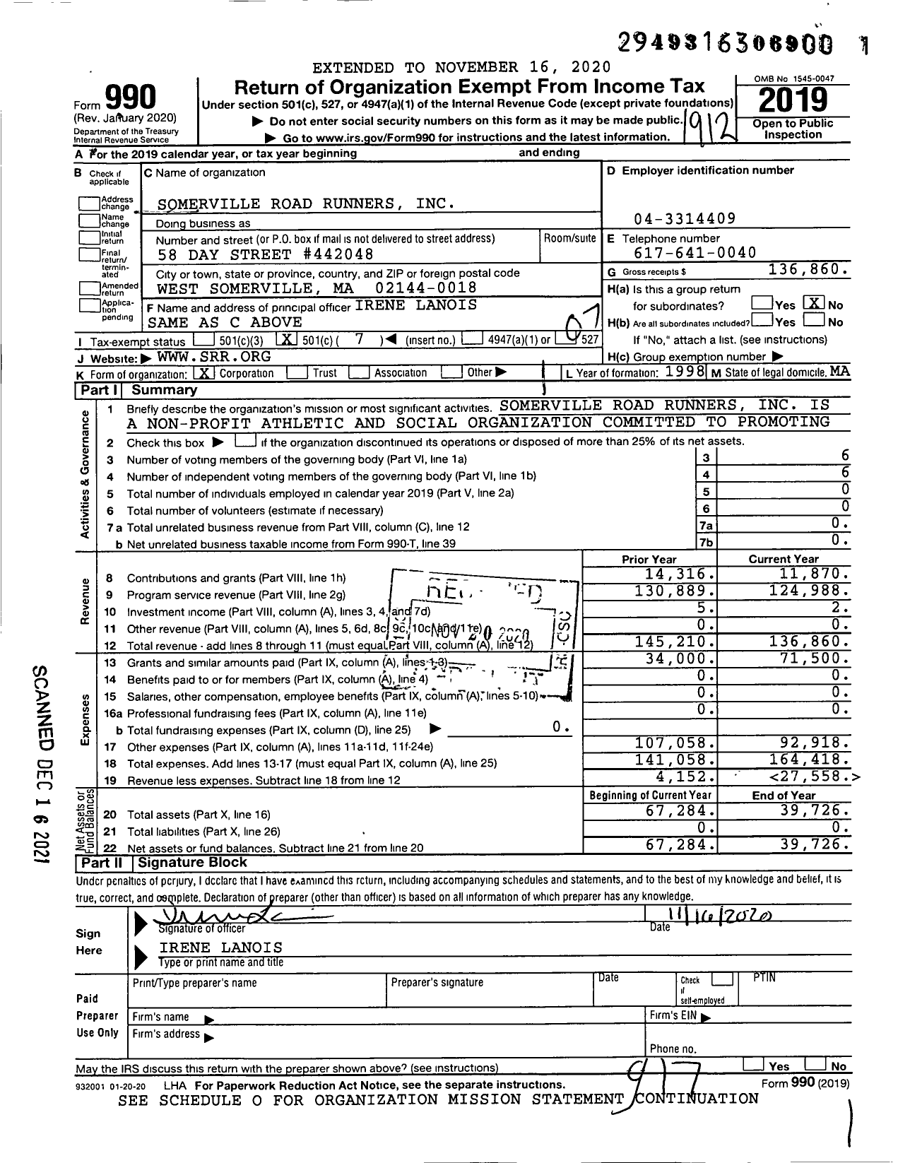 Image of first page of 2019 Form 990O for Somerville Road Runners