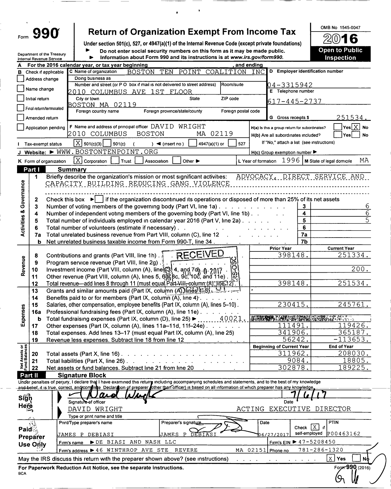 Image of first page of 2016 Form 990 for Boston Ten Point Coalition