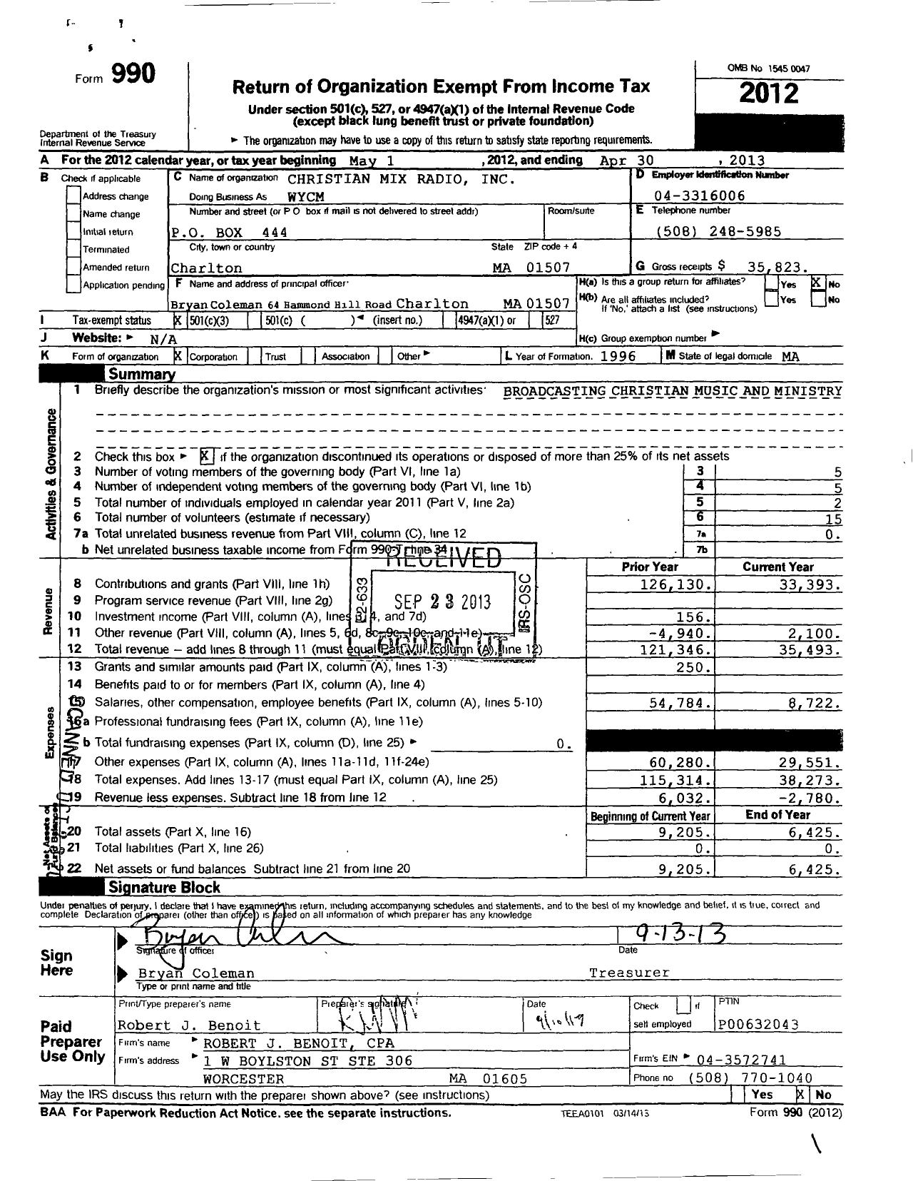 Image of first page of 2012 Form 990 for Christian Mix Radio