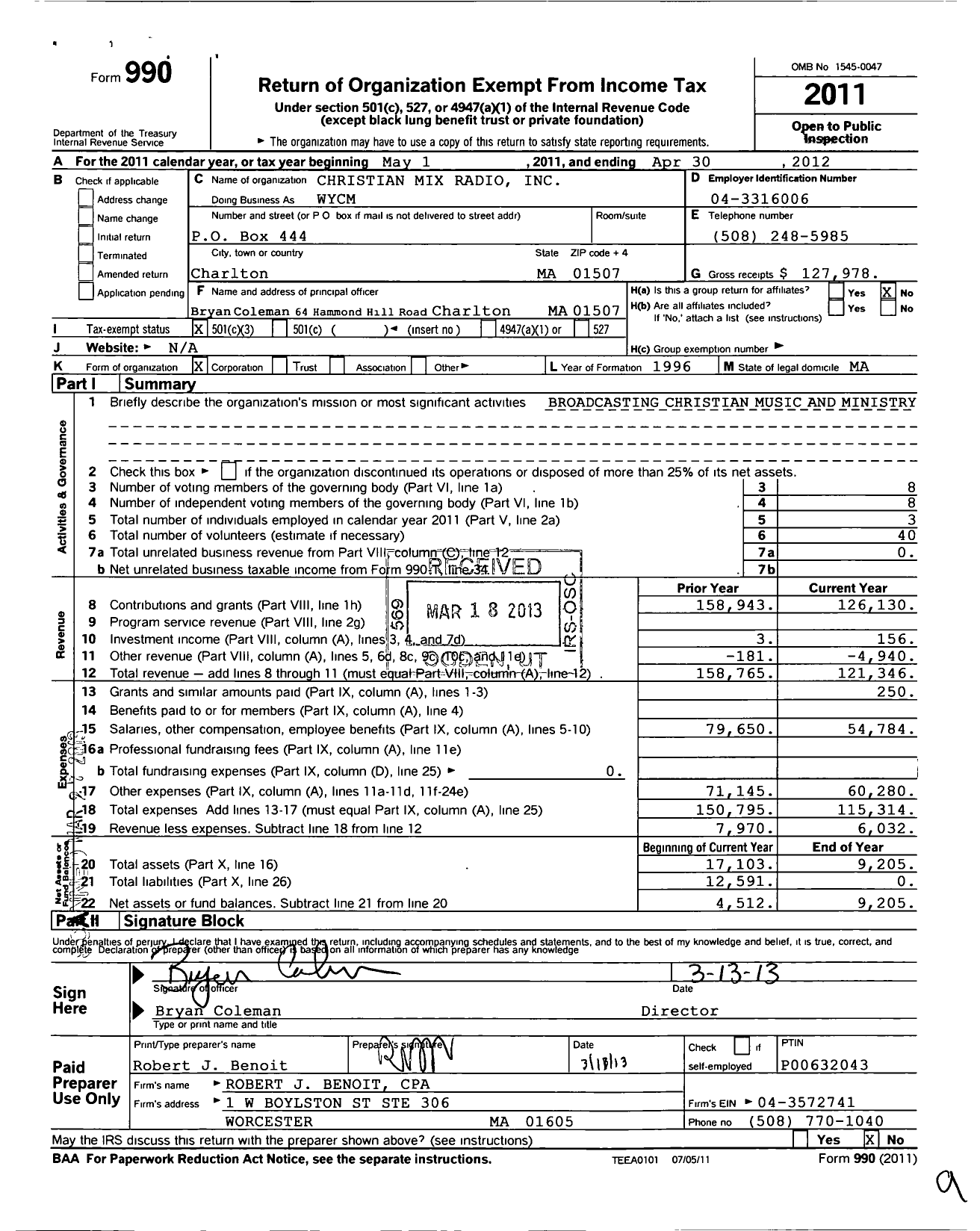 Image of first page of 2011 Form 990 for Christian Mix Radio