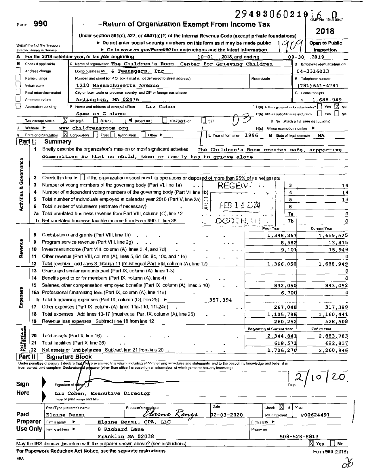 Image of first page of 2018 Form 990 for The Childrens Room Center for Grieving Children