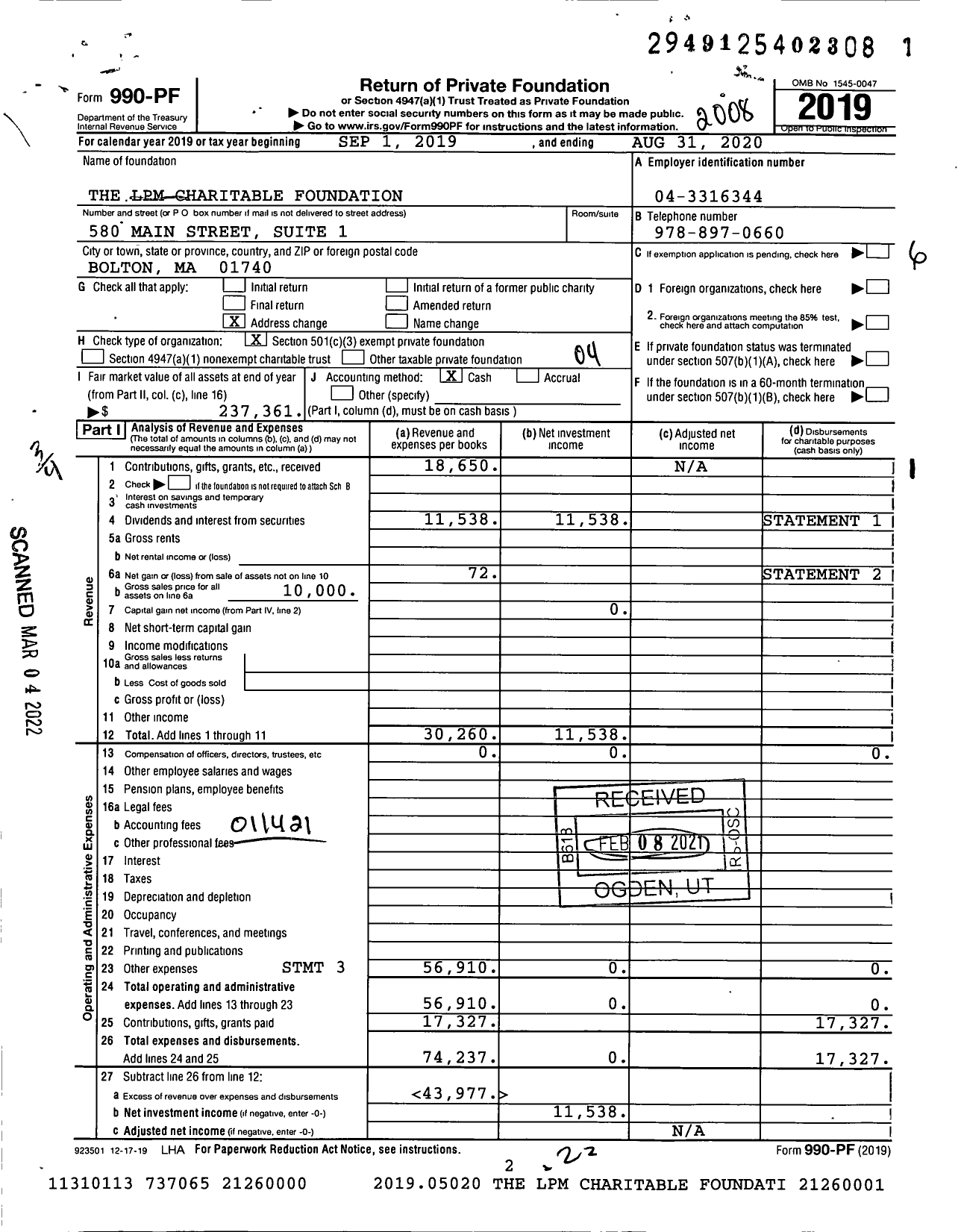 Image of first page of 2019 Form 990PF for The LPM Charitable Foundation