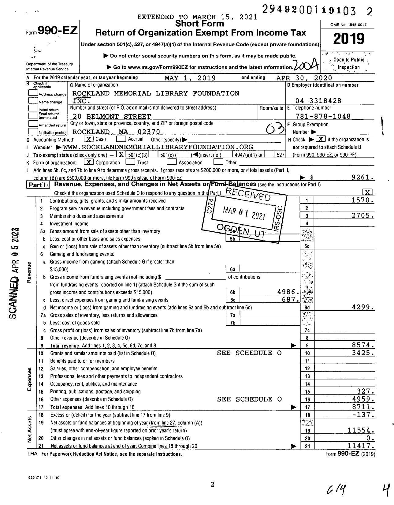 Image of first page of 2019 Form 990EZ for Rockland Memorial Library Foundation