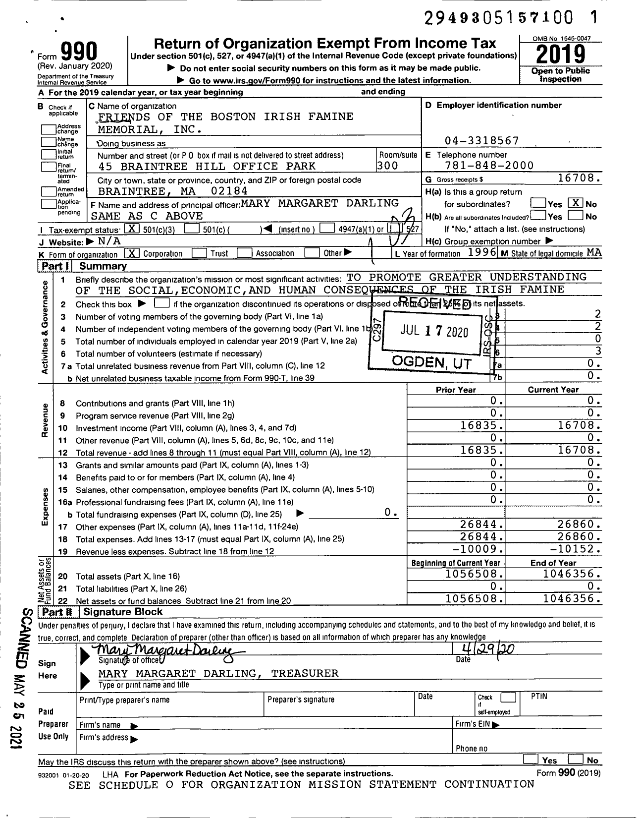 Image of first page of 2019 Form 990 for Friends of the Boston Irish Famine Memorial