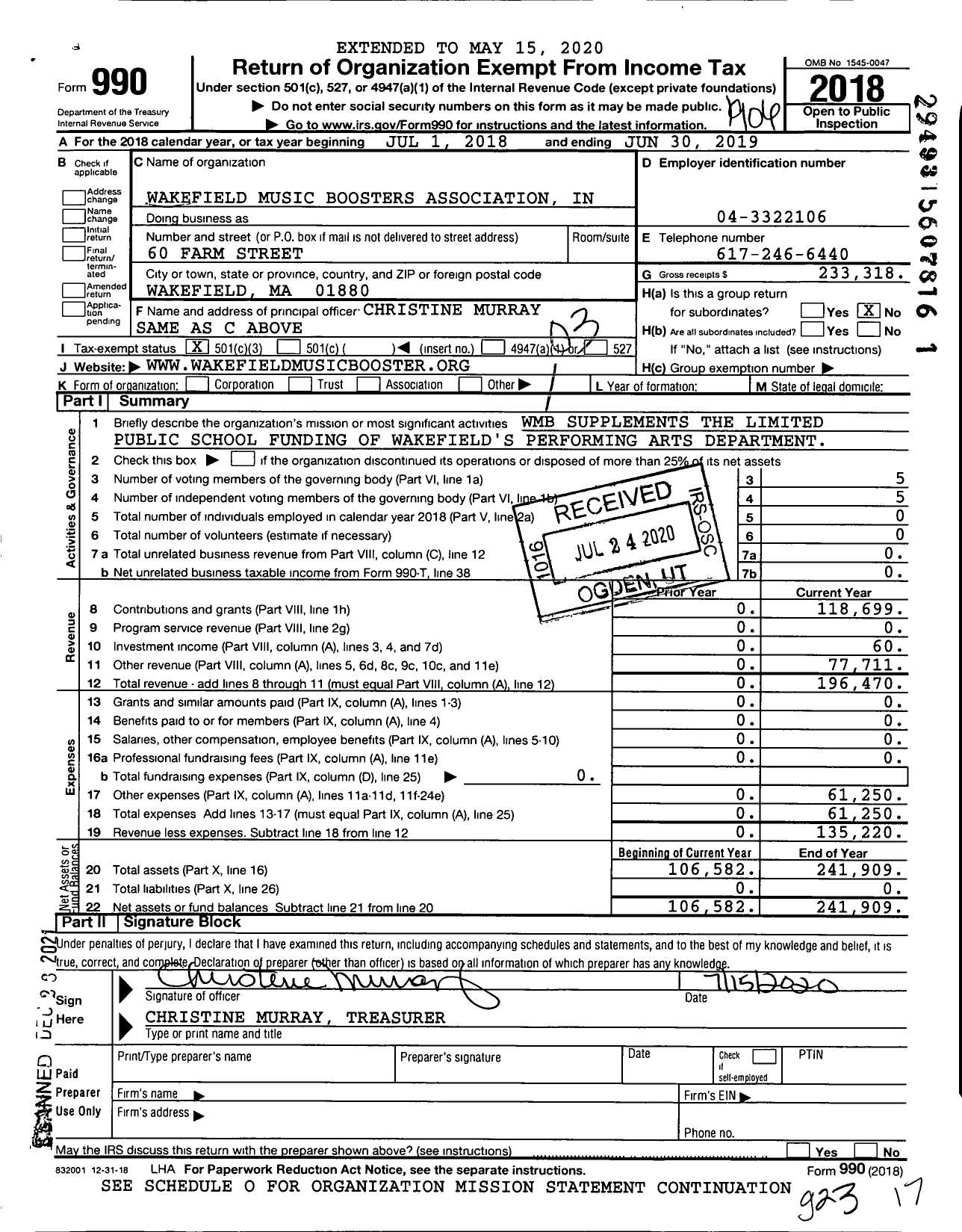 Image of first page of 2018 Form 990 for Wakefield Music Boosters Association