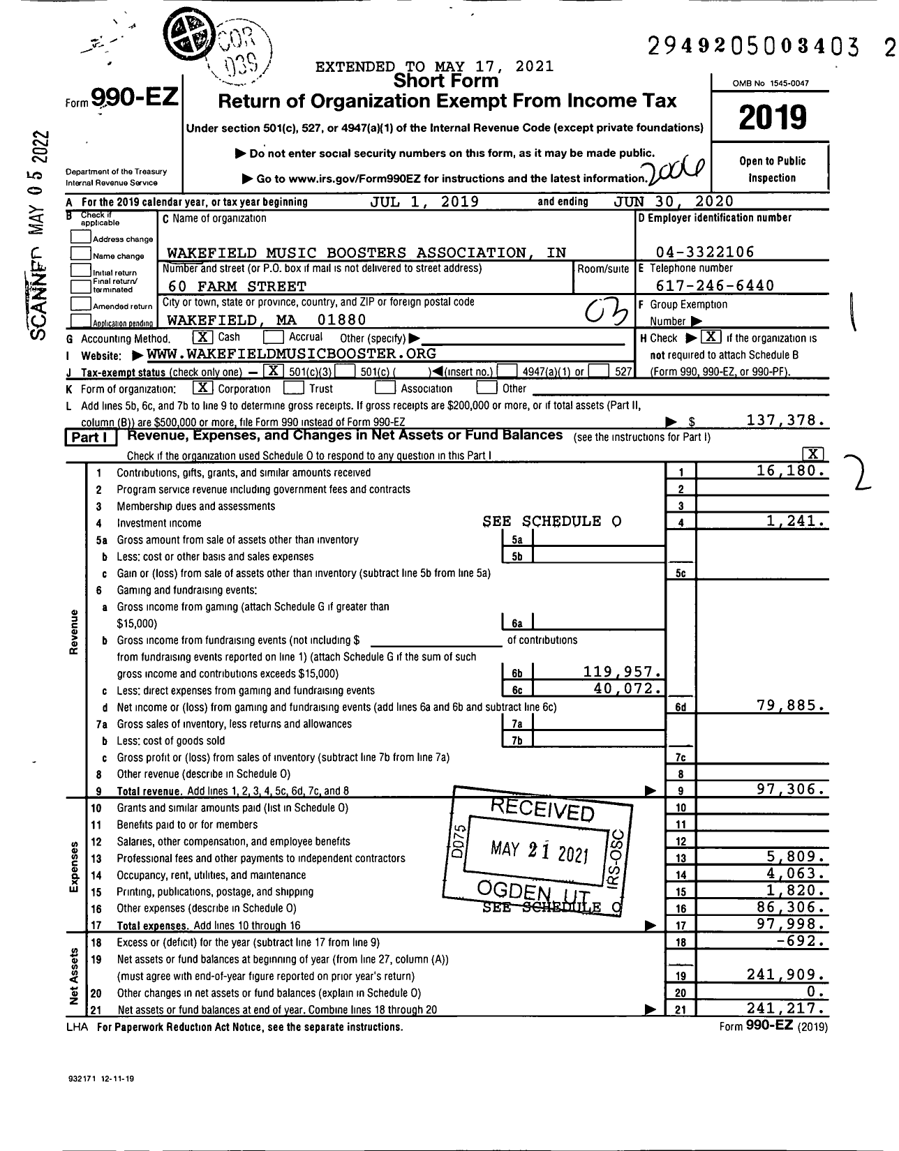 Image of first page of 2019 Form 990EZ for Wakefield Music Boosters Association