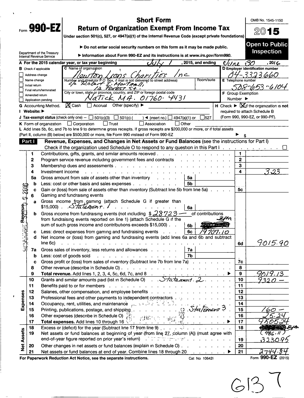 Image of first page of 2015 Form 990EO for Newtons Lions Charities