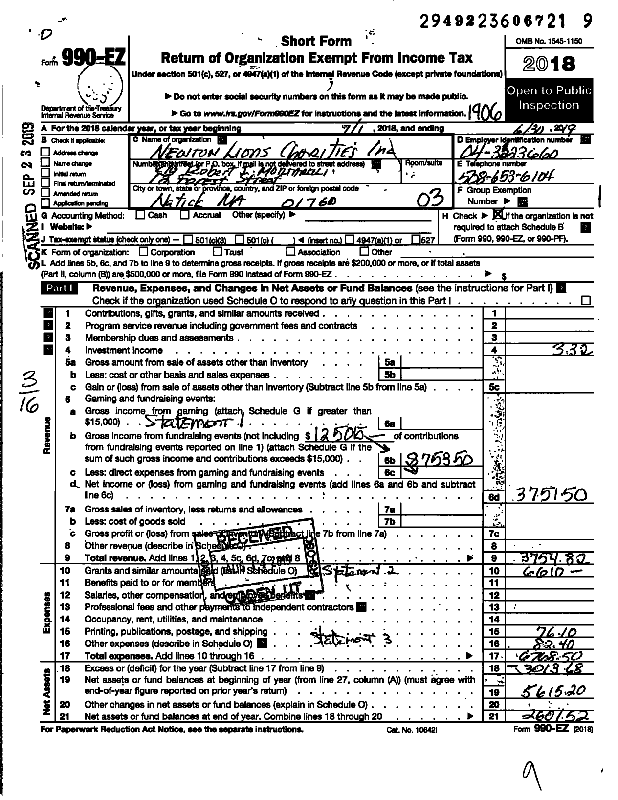 Image of first page of 2018 Form 990EZ for Newtons Lions Charities