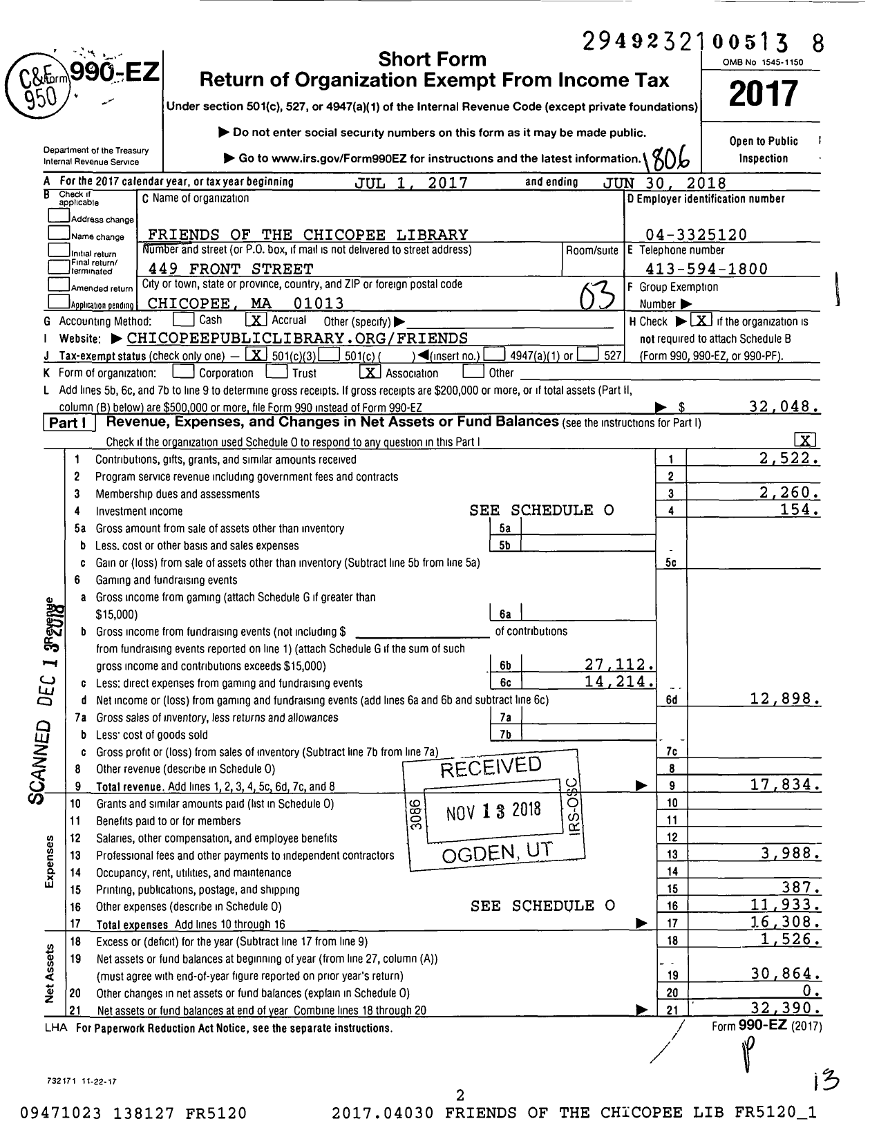 Image of first page of 2017 Form 990EZ for Friends of the Chicopee Public Library