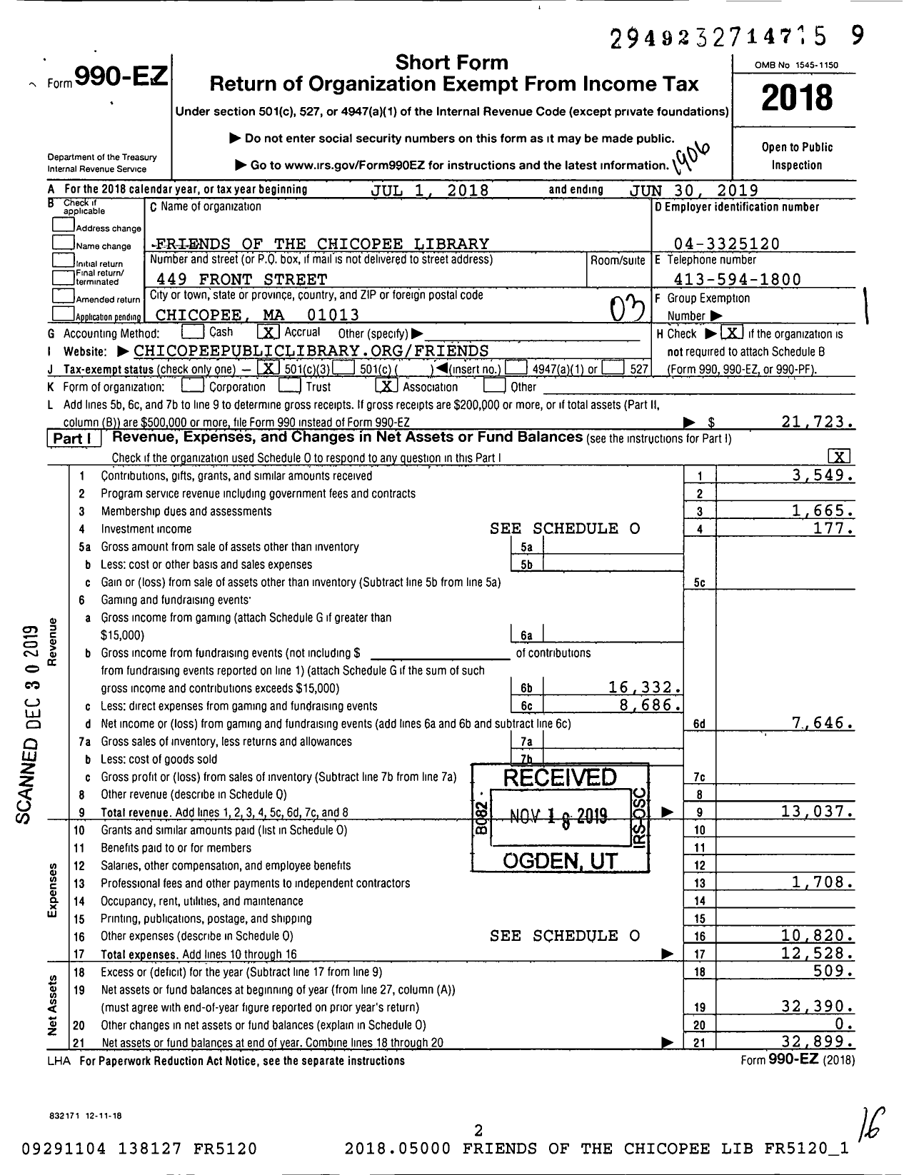 Image of first page of 2018 Form 990EZ for Friends of the Chicopee Public Library