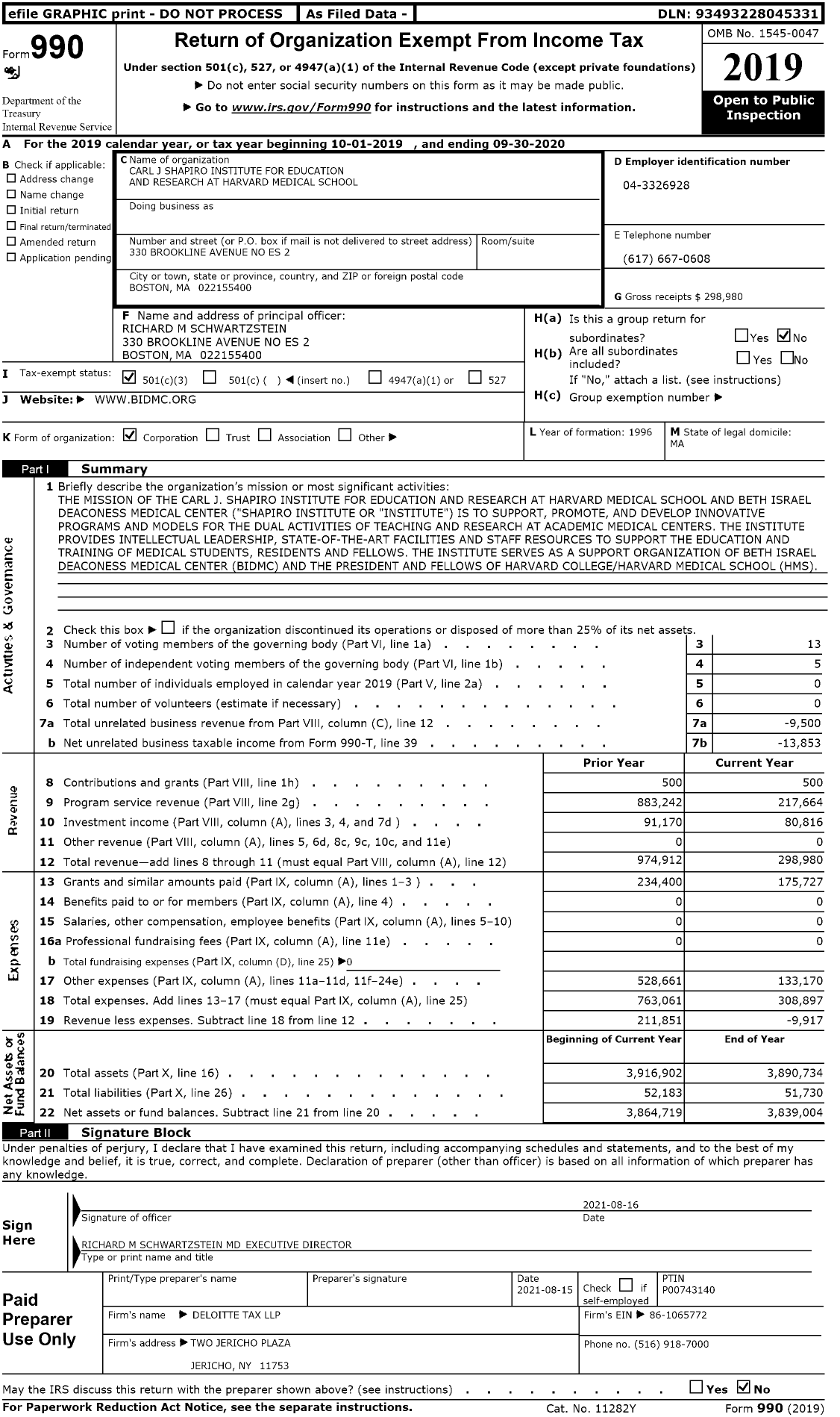 Image of first page of 2019 Form 990 for Carl J Shapiro Institute for Education and Research at Harvard Medical School