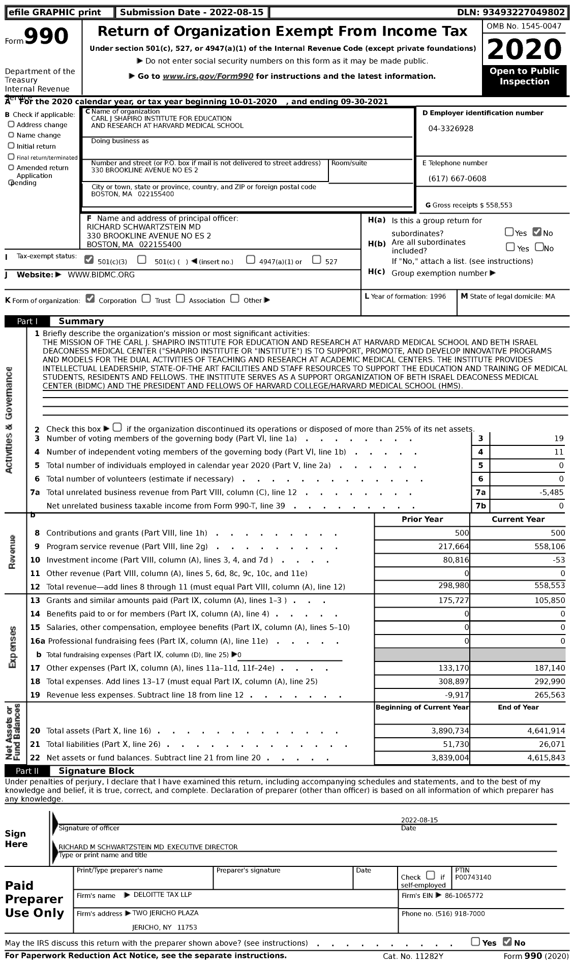 Image of first page of 2020 Form 990 for Carl J Shapiro Institute for Education and Research at Harvard Medical School