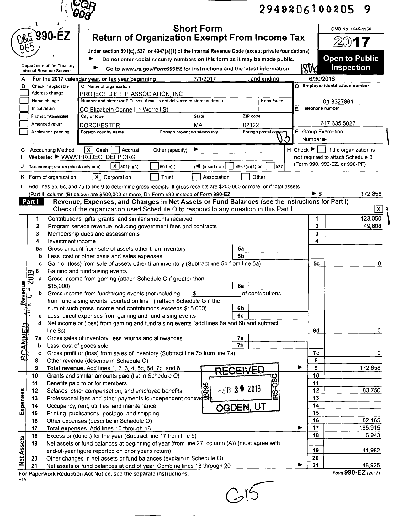 Image of first page of 2017 Form 990EZ for Project Deep Association