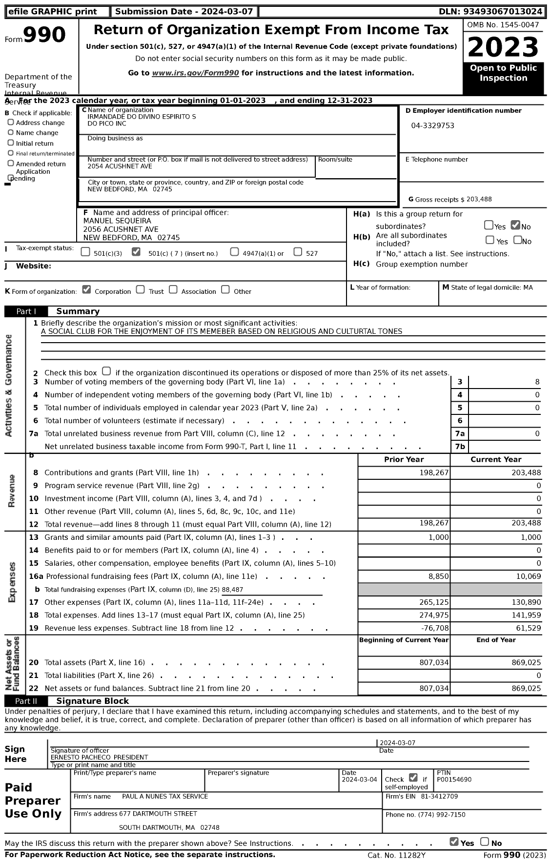 Image of first page of 2023 Form 990 for Irmandade Do Divino Espirito S Do Pico