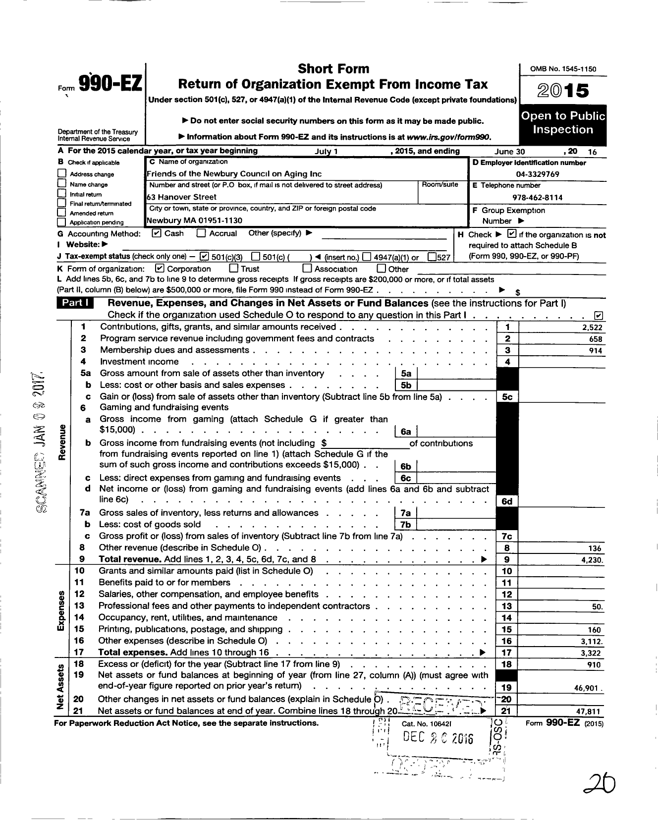 Image of first page of 2015 Form 990EZ for Friends of the Newbury Council on Aging