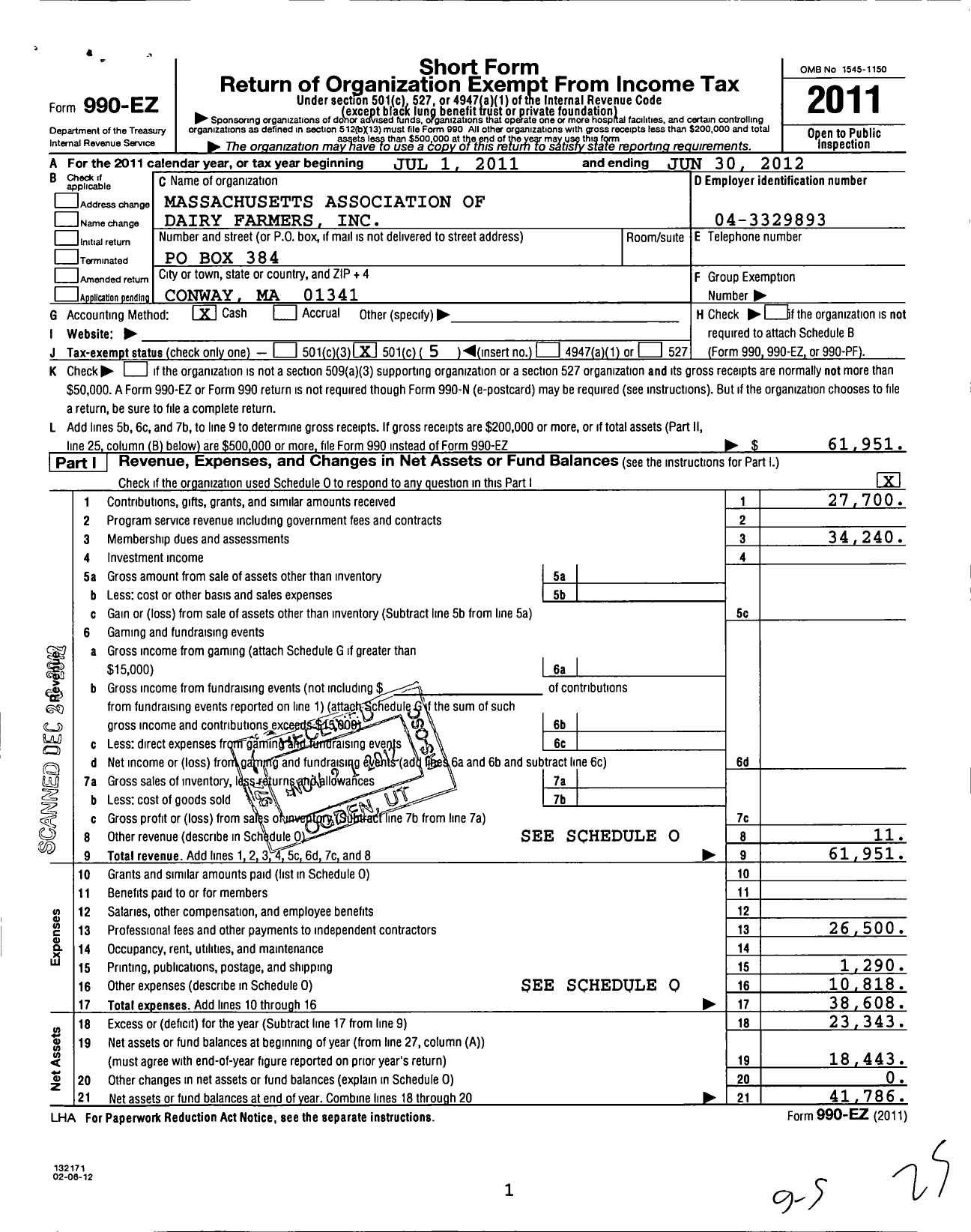 Image of first page of 2011 Form 990EO for Massachusetts Association of Dairy Farmers