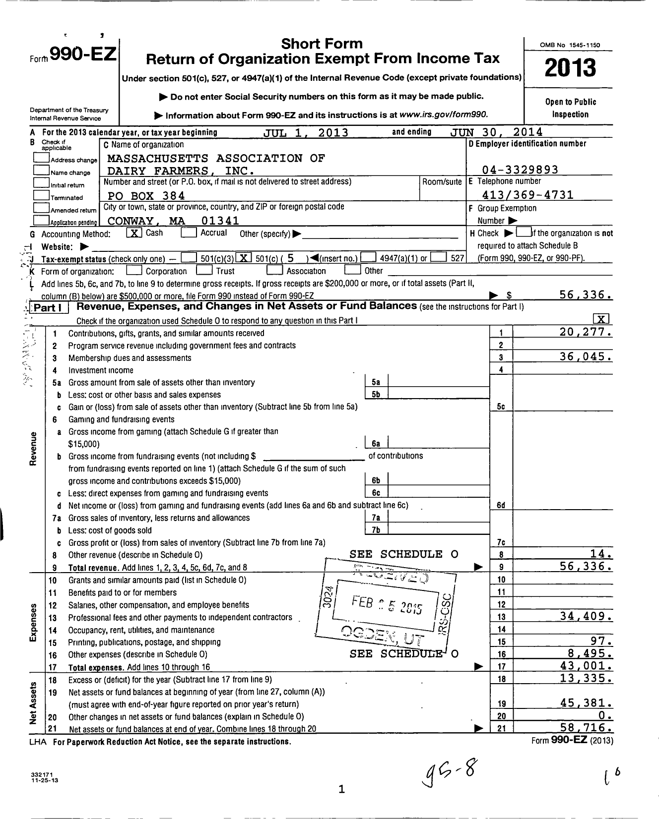 Image of first page of 2013 Form 990EO for Massachusetts Association of Dairy Farmers