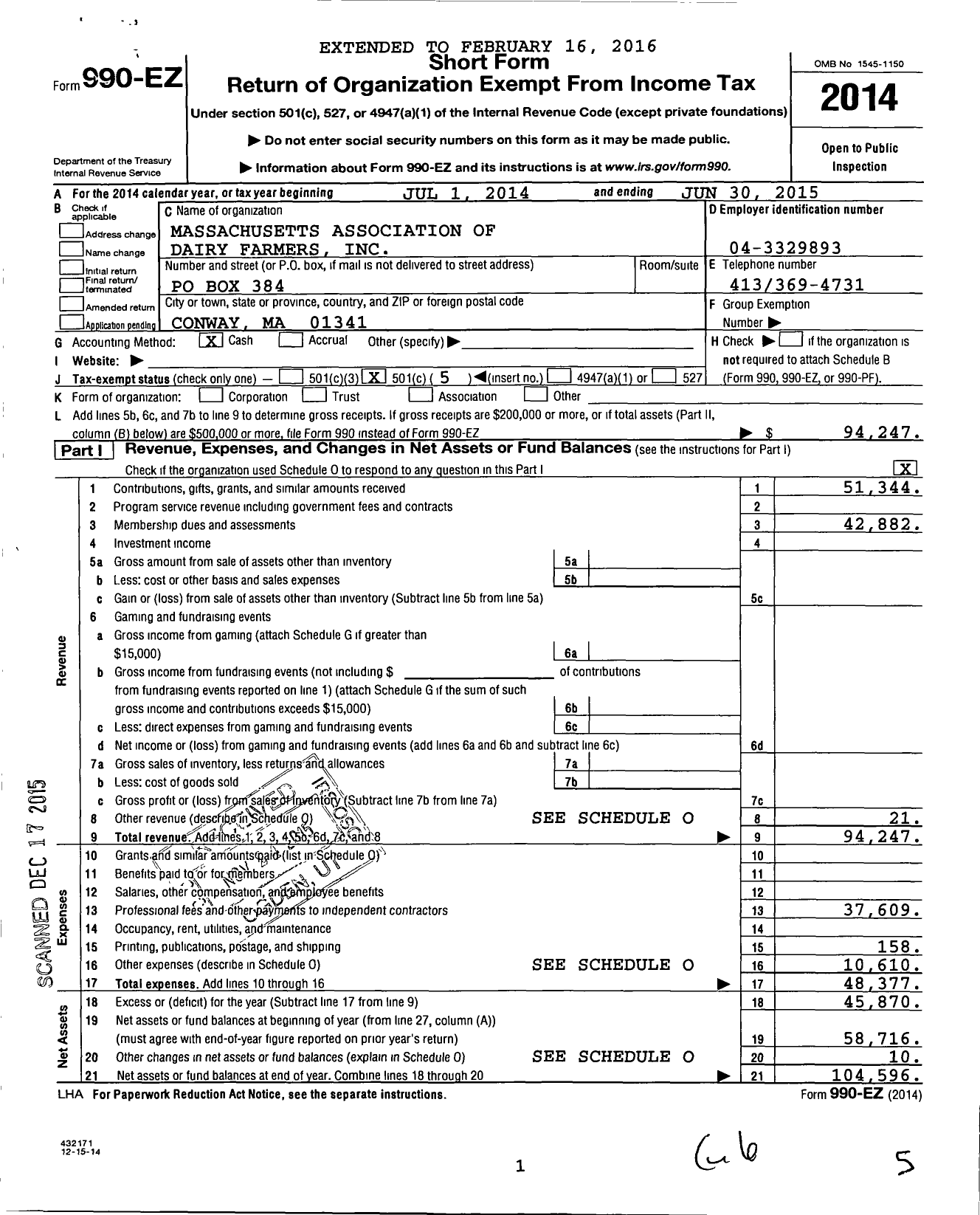 Image of first page of 2014 Form 990EO for Massachusetts Association of Dairy Farmers